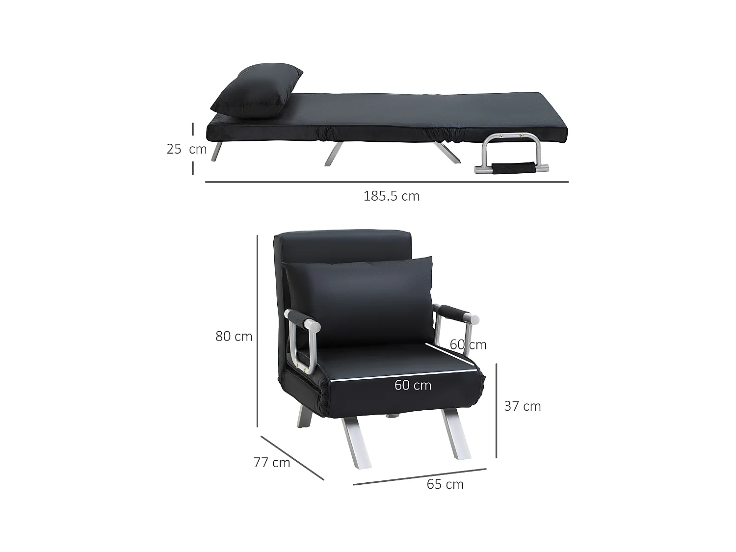 Divano letto 2 in 1, schienale regolabile, sfoderabile, poliestere, nero (65x69x80cm)