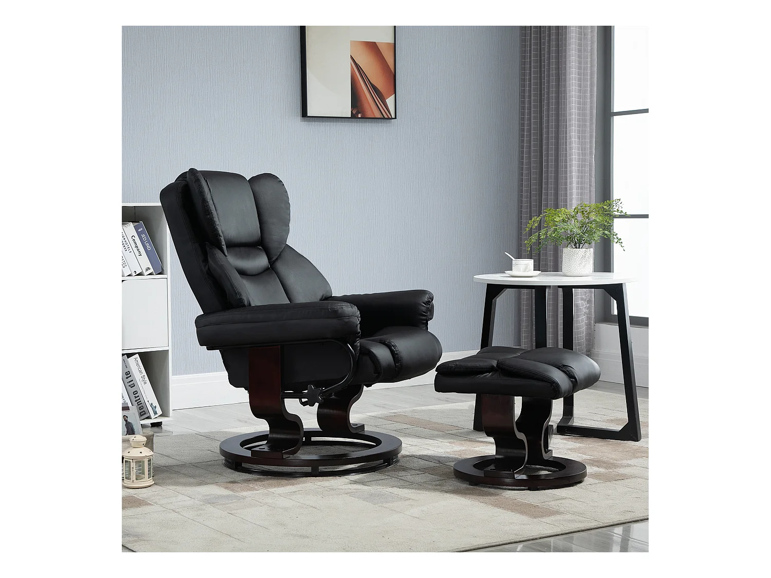 Relaxsessel Drehbar mit Hocker, Liegefunktion, Kunstleder, Schwarz (80x79x100 cm)