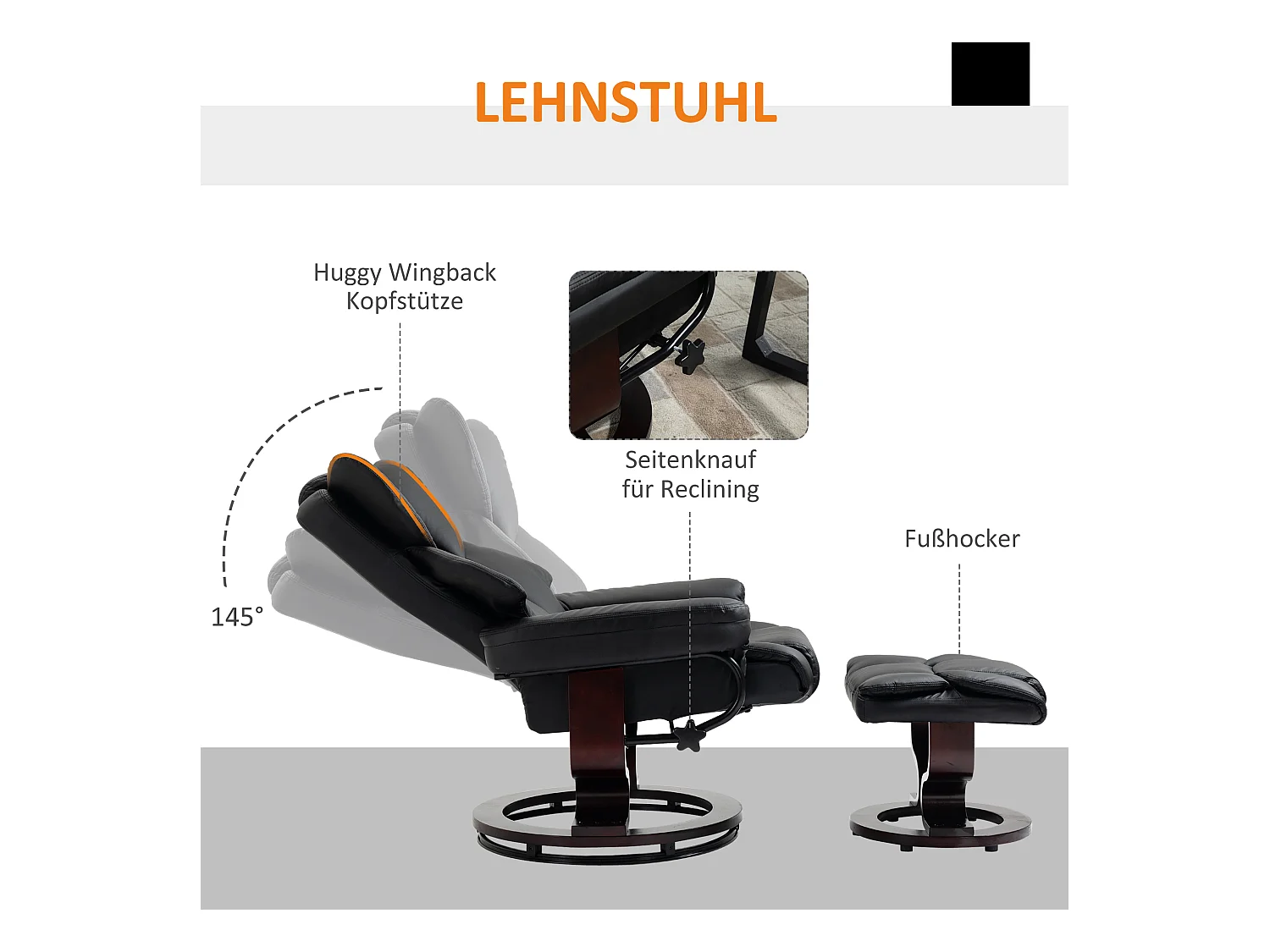 Relaxsessel Drehbar mit Hocker, Liegefunktion, Kunstleder, Schwarz (80x79x100 cm)