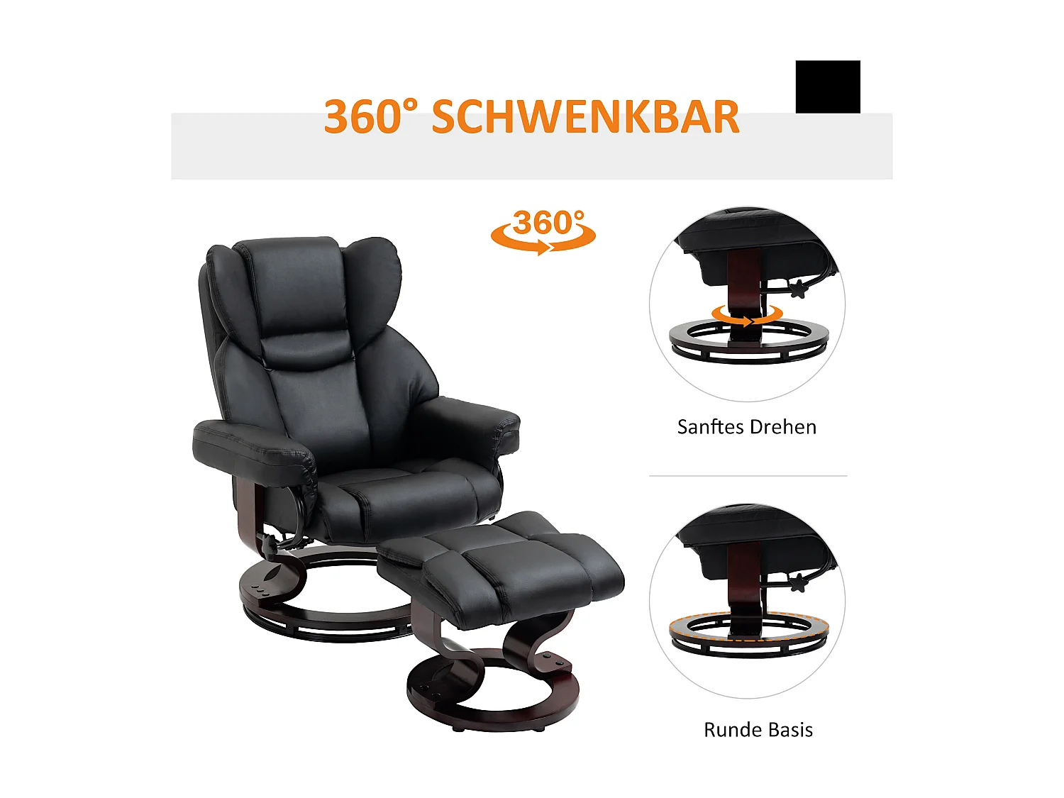 Relaxsessel Drehbar mit Hocker, Liegefunktion, Kunstleder, Schwarz (80x79x100 cm)