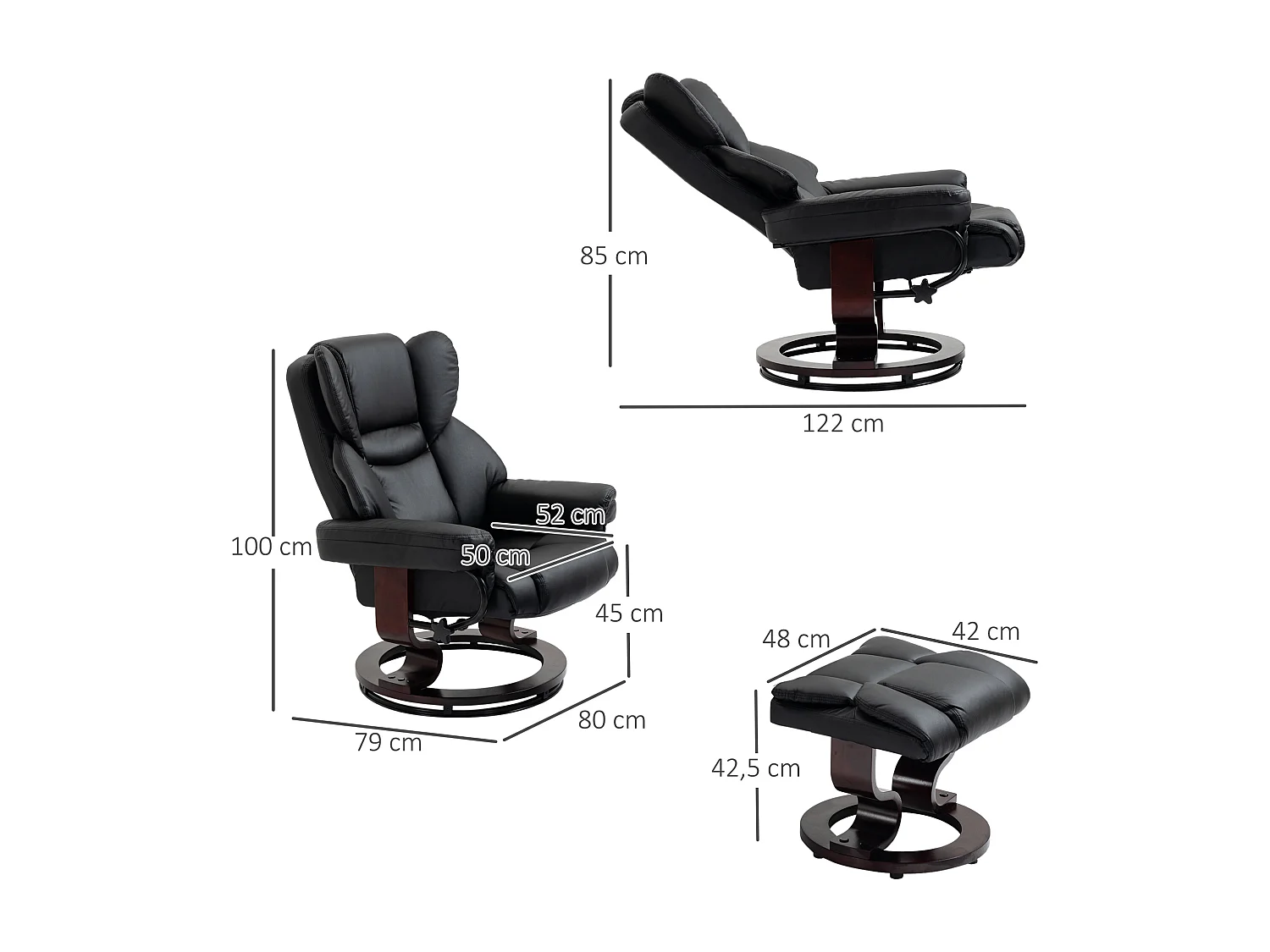 Poltrona reclinabile girevole con poggiapiedi, funzione reclinabile, similpelle, nera (80x79x100 cm)