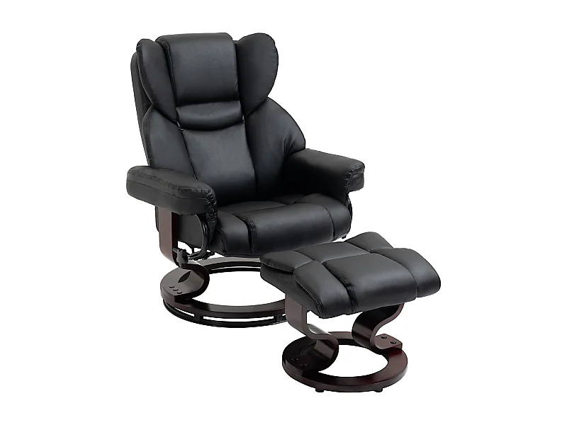 Relaxsessel Drehbar mit Hocker, Liegefunktion, Kunstleder, Schwarz (80x79x100 cm)