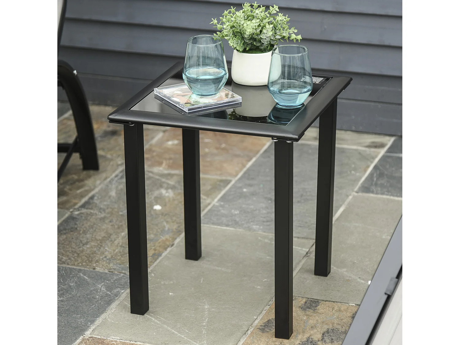 Set de transats avec table, 3 pièces, métal, gris et noir (59x169x66 cm)