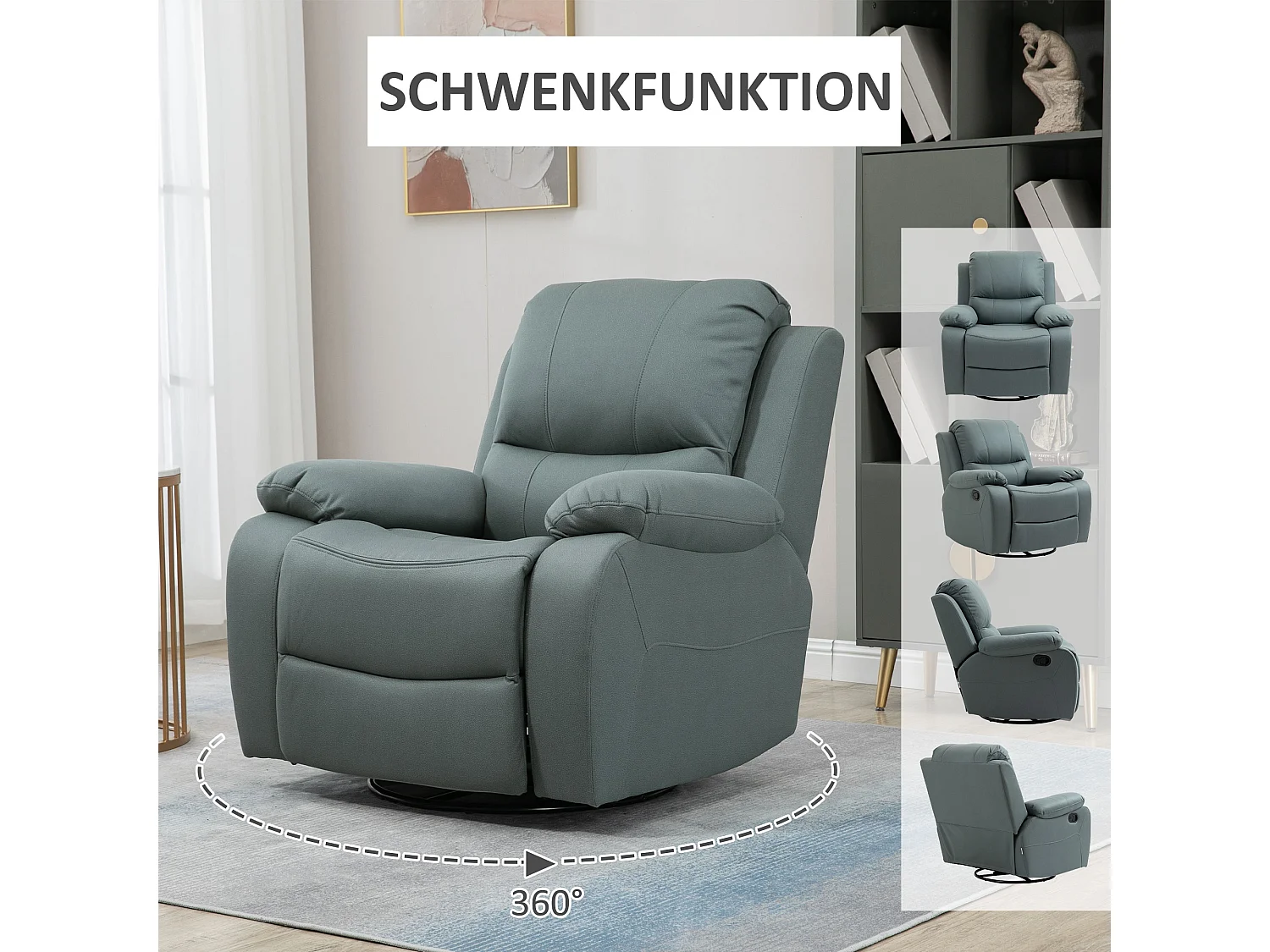Fauteuil pivotant avec repose-pieds, 135° inclinable, jusqu'à 150 kg, polyester, vert (93x100x98 cm)