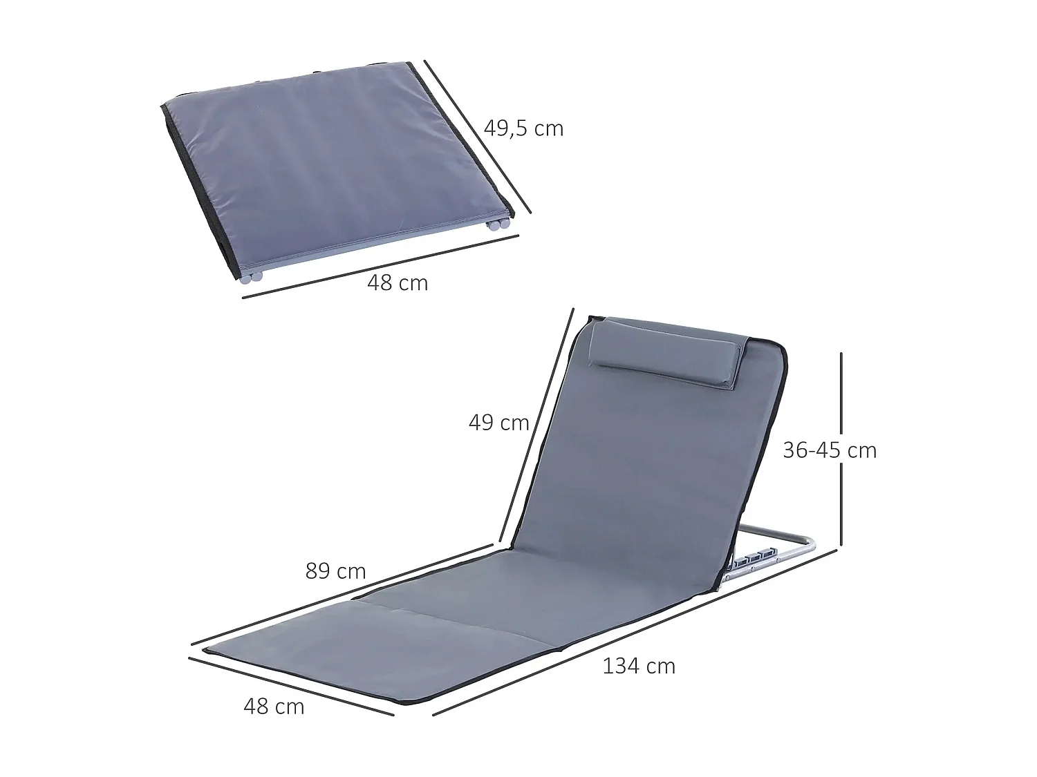 Chaise longue pliante duo avec rangement, structure acier, tissu Oxford marron (134x48x36-45cm)