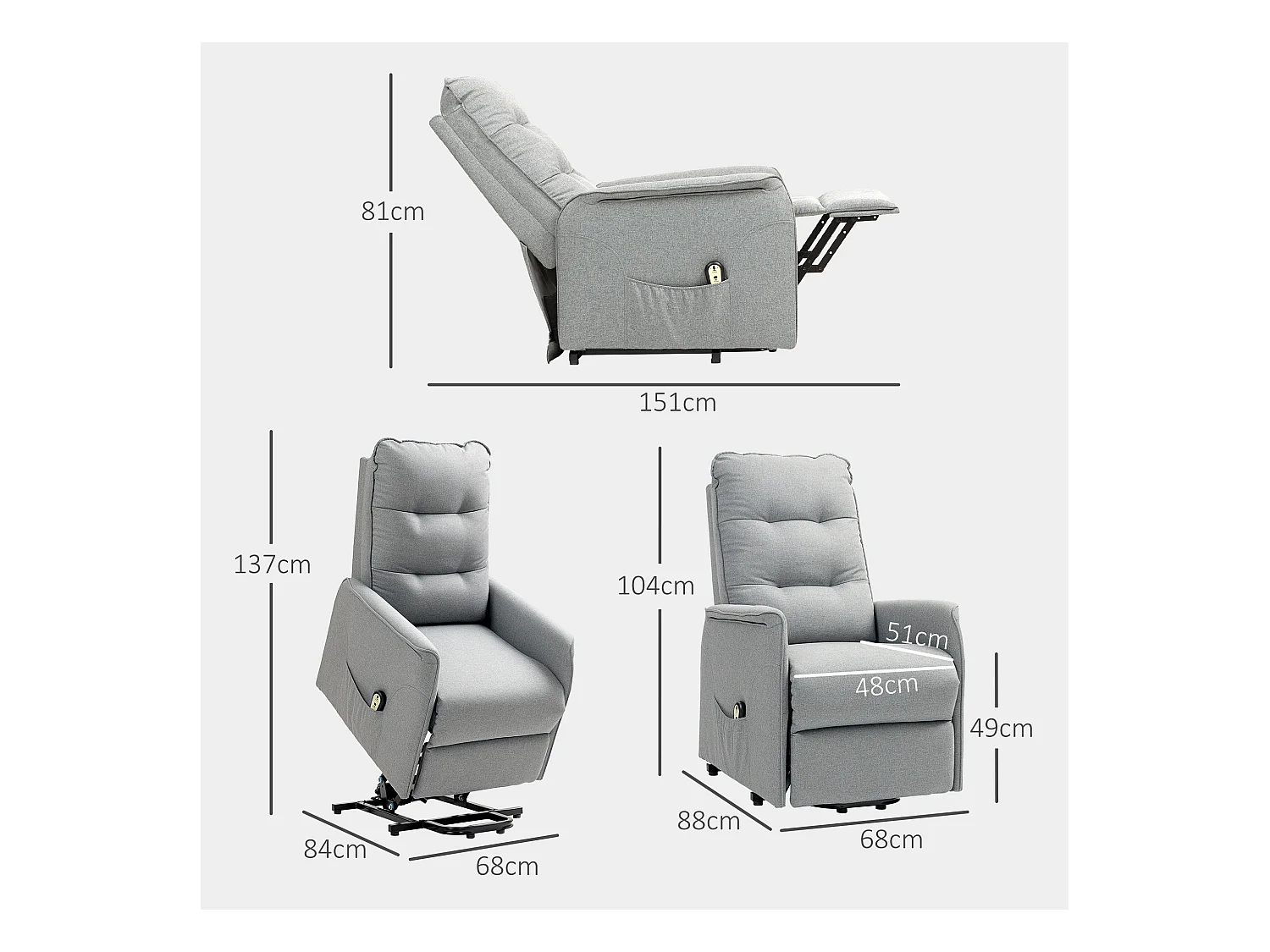 Elektrische relaxfauteuil met liftfunctie, modern design, polyester, grijs (88x68x104 cm)