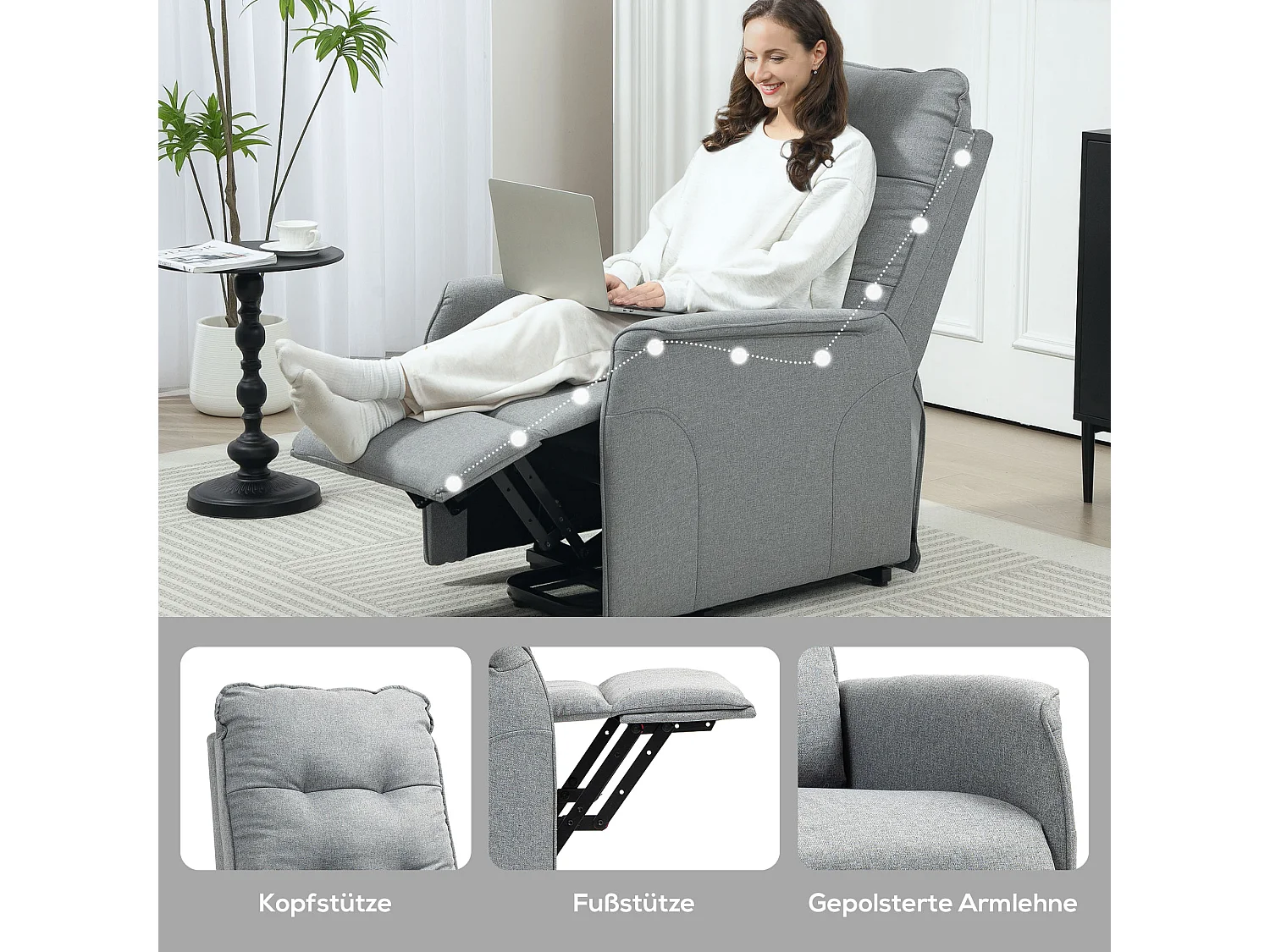 Elektrische relaxfauteuil met liftfunctie, modern design, polyester, grijs (88x68x104 cm)