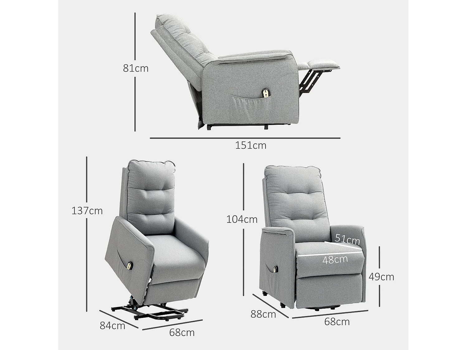 Fauteuil électrique avec fonction de levée, design moderne, polyester, gris (88x68x104 cm)