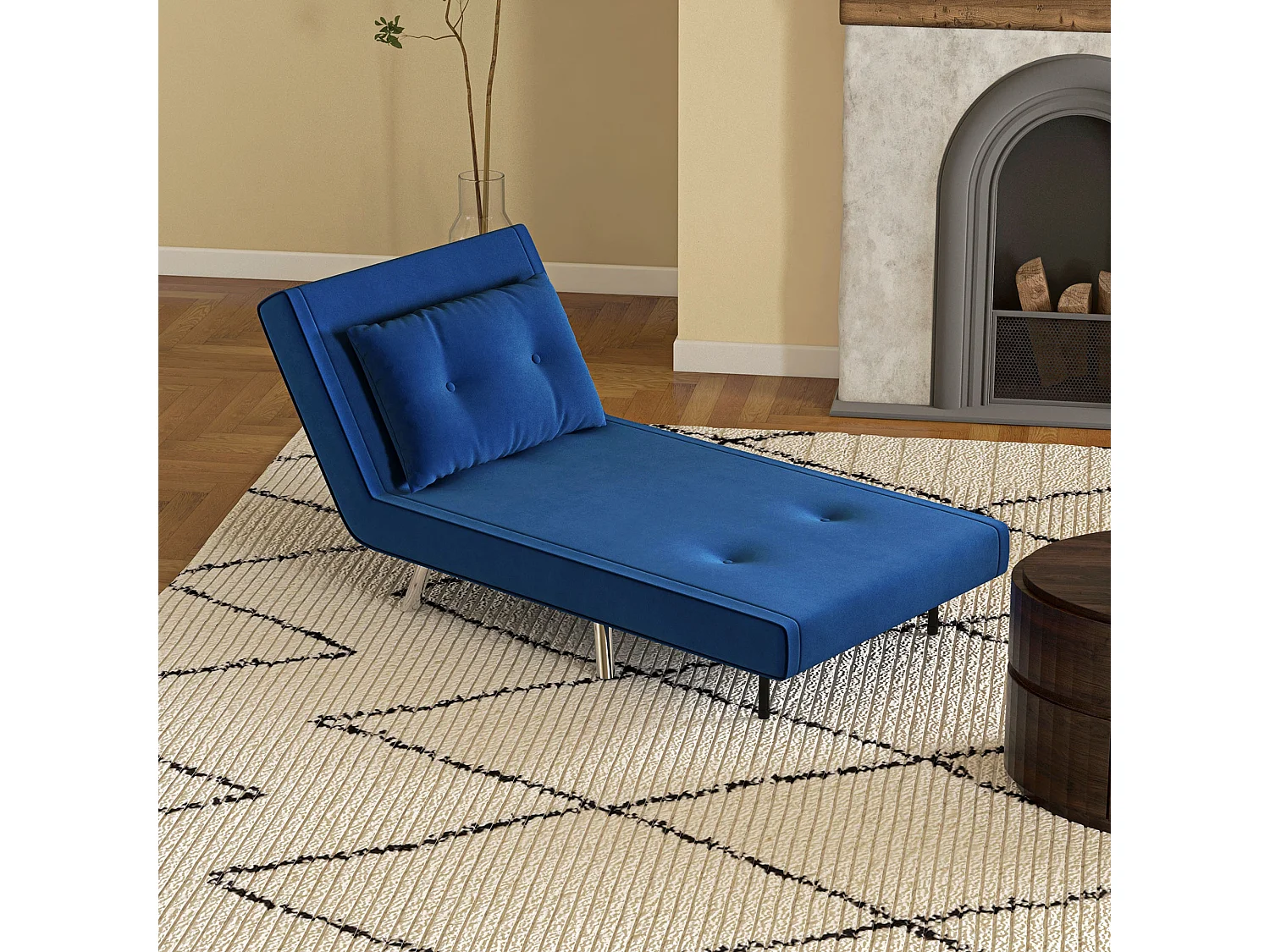 Fauteuil-lit convertible 3-en-1, velours bleu, structure acier, coussin inclus (77x88x83cm)