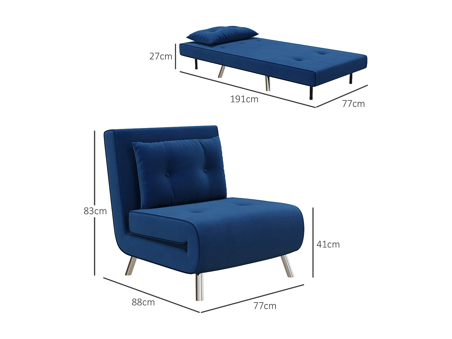 Fauteuil-lit convertible 3-en-1, velours bleu, structure acier, coussin inclus (77x88x83cm)