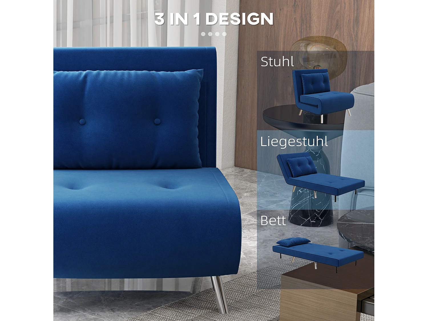 Fauteuil-lit convertible 3-en-1, velours bleu, structure acier, coussin inclus (77x88x83cm)
