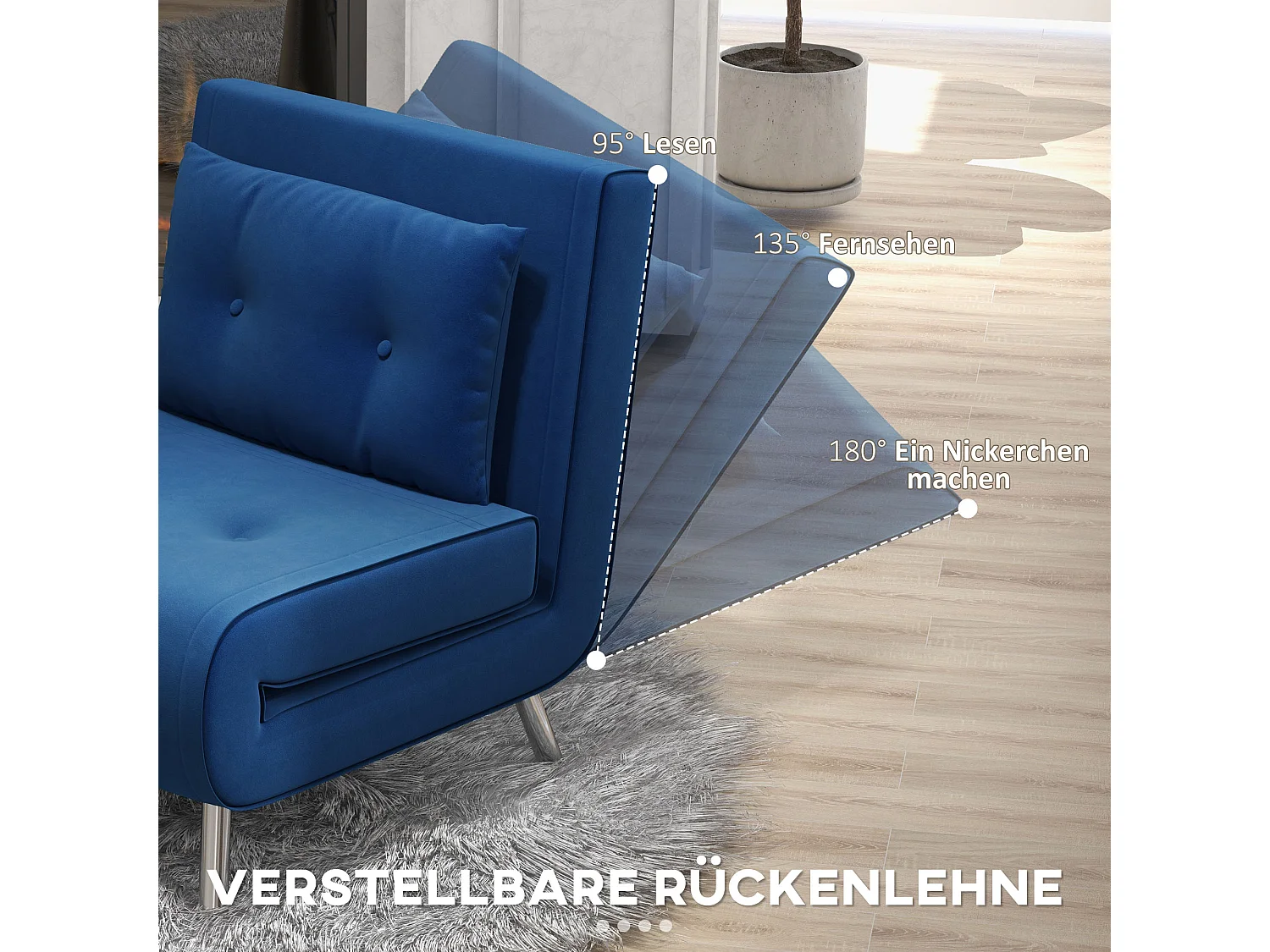 Fauteuil-lit convertible 3-en-1, velours bleu, structure acier, coussin inclus (77x88x83cm)
