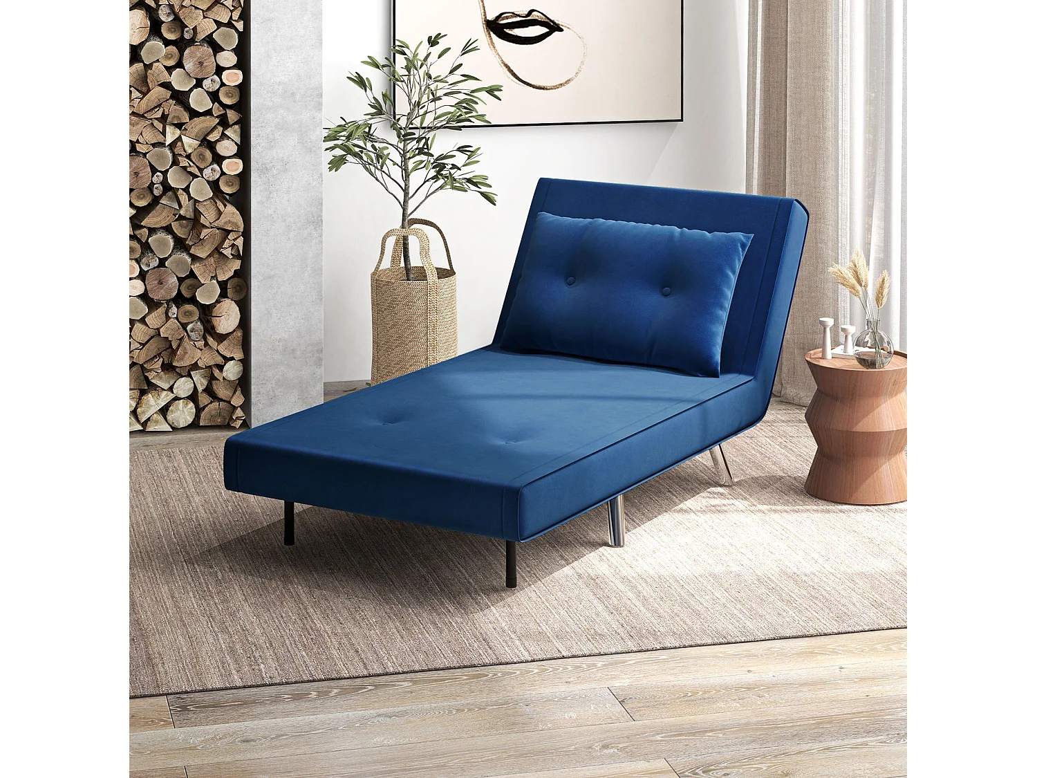 Fauteuil-lit convertible 3-en-1, velours bleu, structure acier, coussin inclus (77x88x83cm)