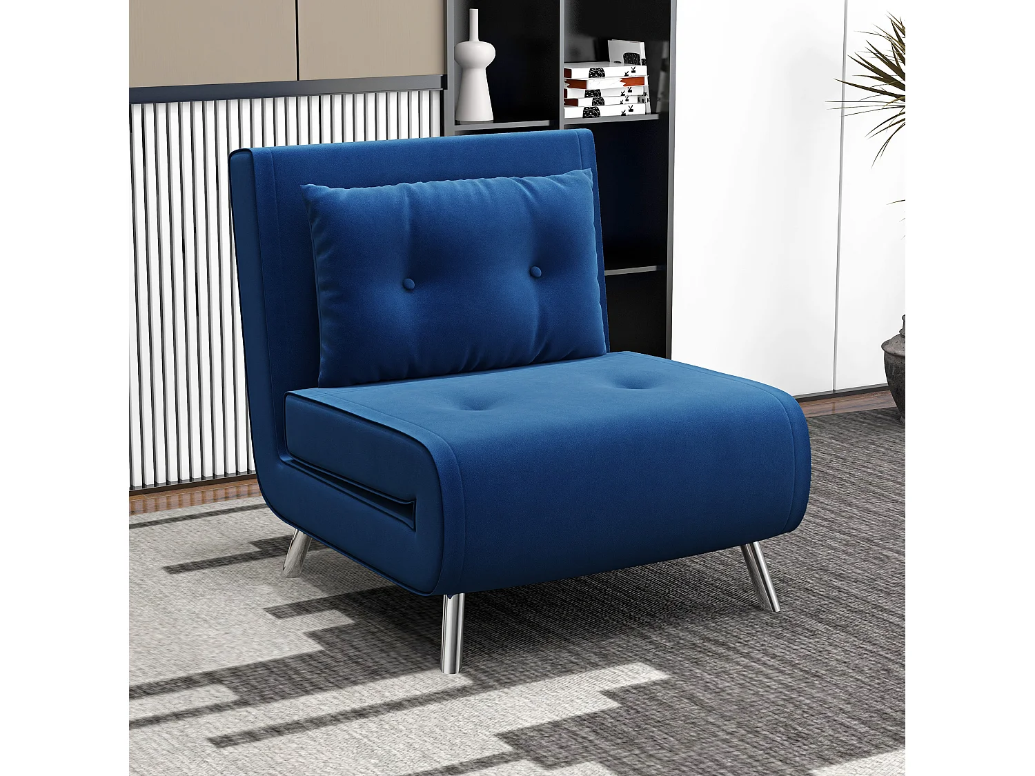 Fauteuil-lit convertible 3-en-1, velours bleu, structure acier, coussin inclus (77x88x83cm)
