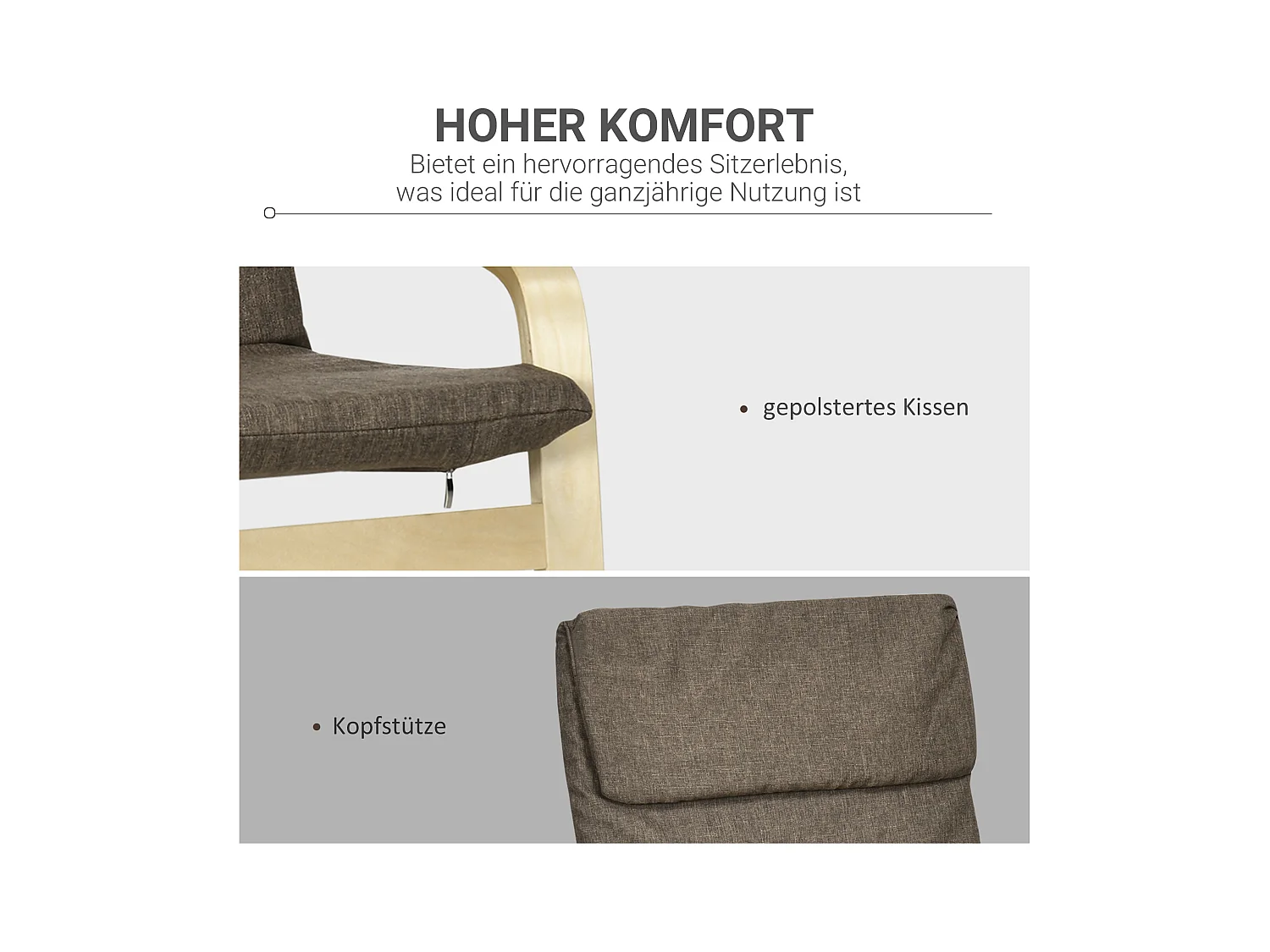 Schommelstoel met kussen, linnen stof, berkenhout, bruin (65x69x98 cm)