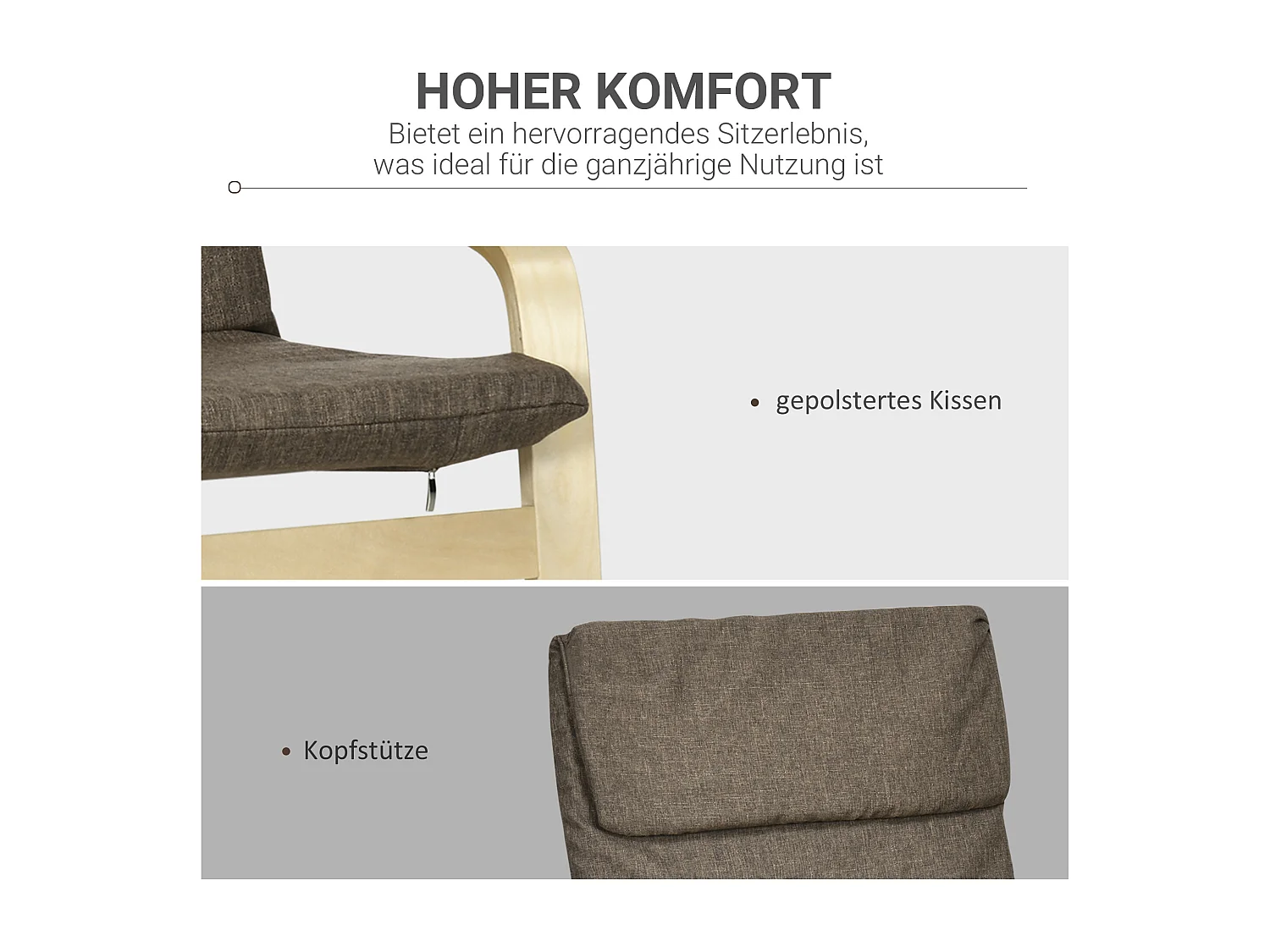 Schommelstoel met kussen, linnen stof, berkenhout, bruin (65x69x98 cm)