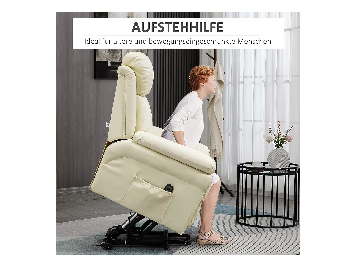 Fauteuil avec aide au lever, inclinable, simili cuir, crème (93x96x105cm)