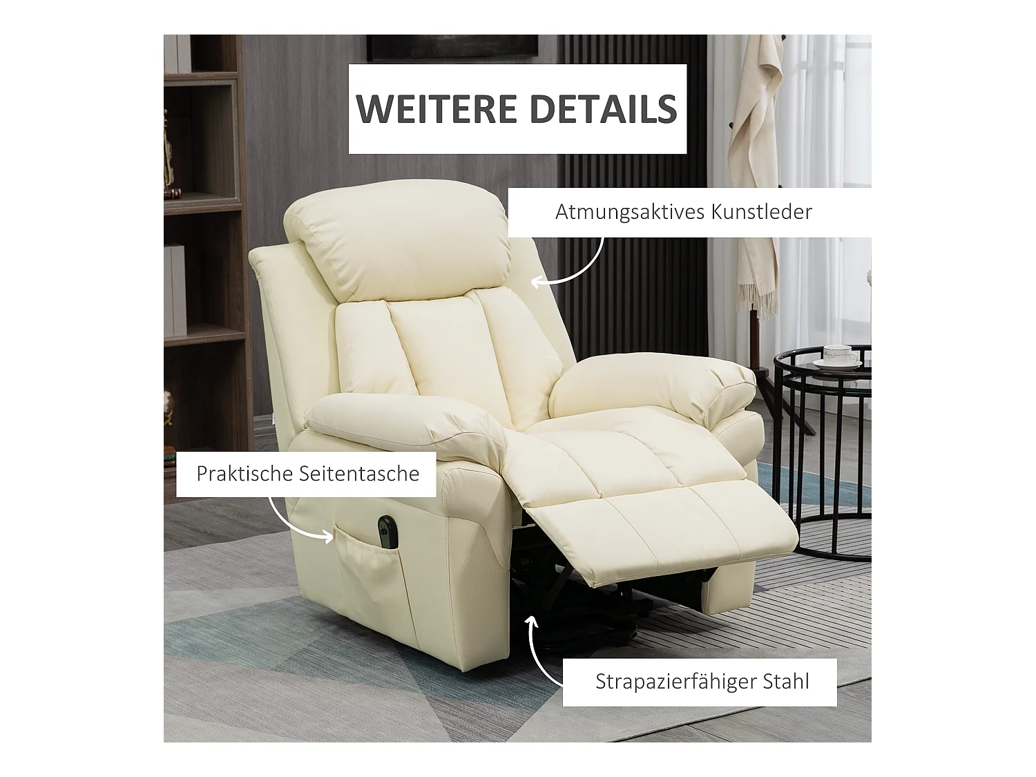 Fauteuil avec aide au lever, inclinable, simili cuir, crème (93x96x105cm)