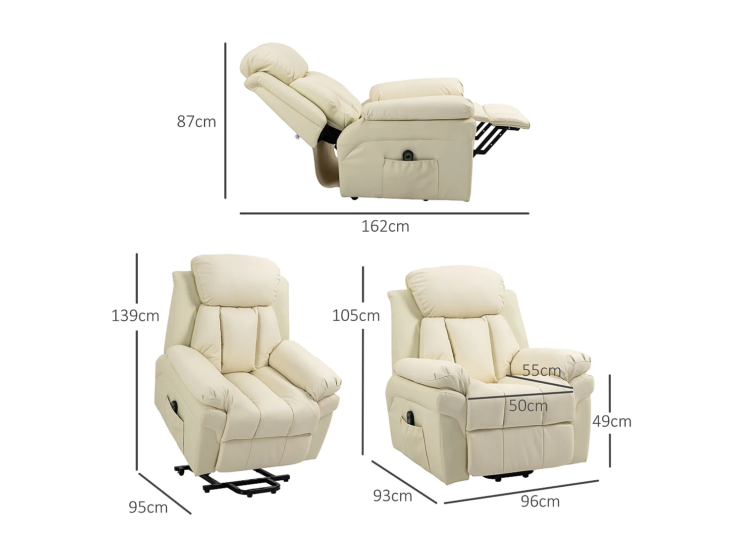 Fauteuil avec aide au lever, inclinable, simili cuir, crème (93x96x105cm)