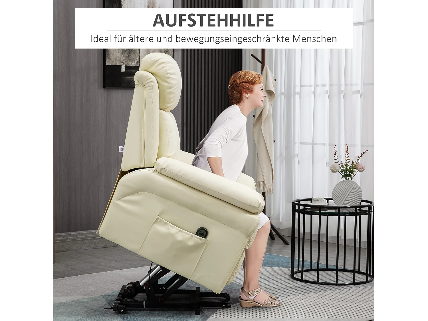 Fauteuil avec aide au lever, inclinable, simili cuir, crème (93x96x105cm)