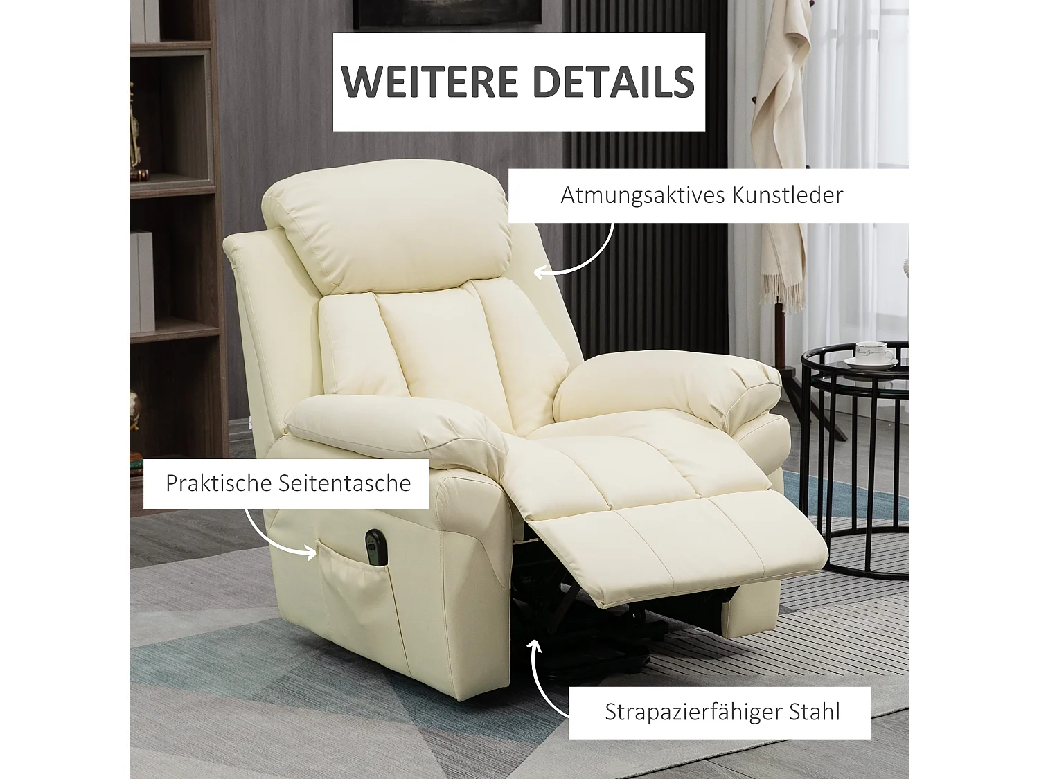 Fauteuil avec aide au lever, inclinable, simili cuir, crème (93x96x105cm)