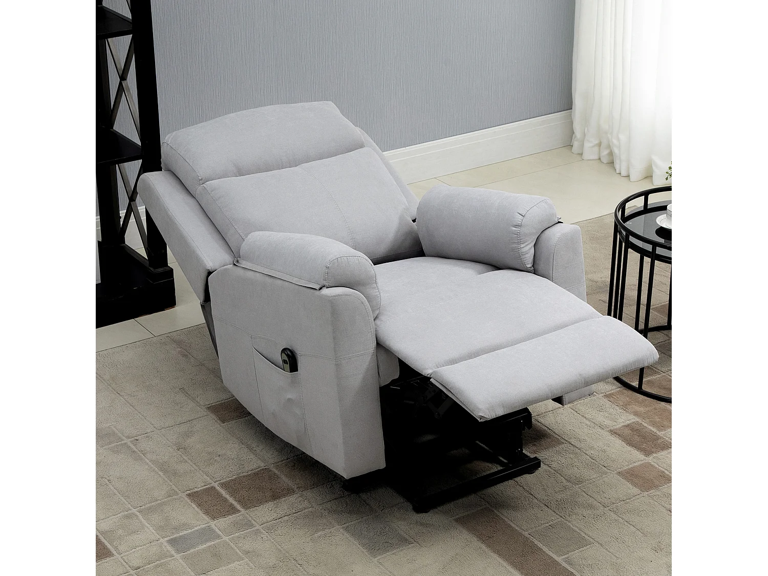 Poltrona elettrica con funzione di sollevamento per anziani, tessuto di lino leggero, con poggiapiedi, grigio chiaro (83x89x102 cm)