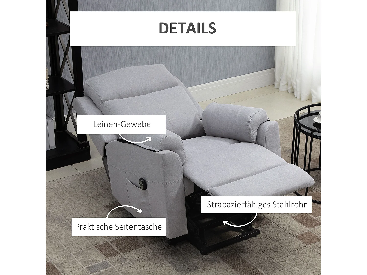 Poltrona elettrica con funzione di sollevamento per anziani, tessuto di lino leggero, con poggiapiedi, grigio chiaro (83x89x102 cm)