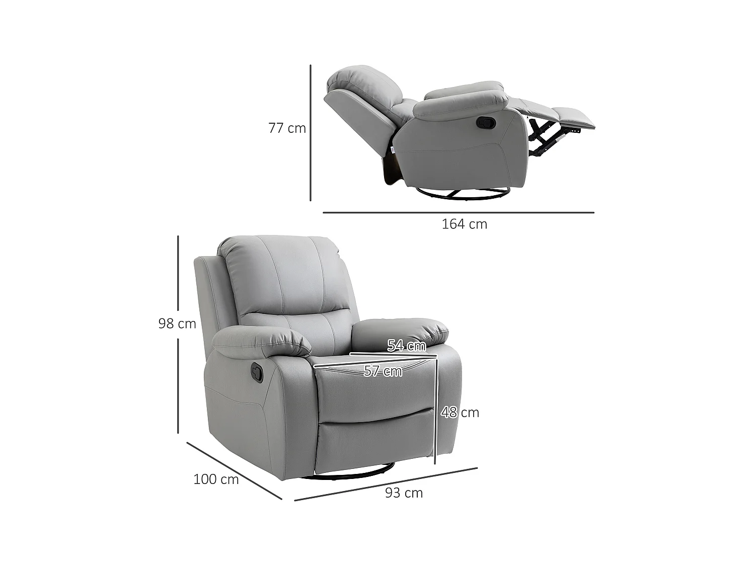 Fauteuil pivotant, inclinable à 135°, avec repose-pieds, en polyester, gris (93x100x98 cm)