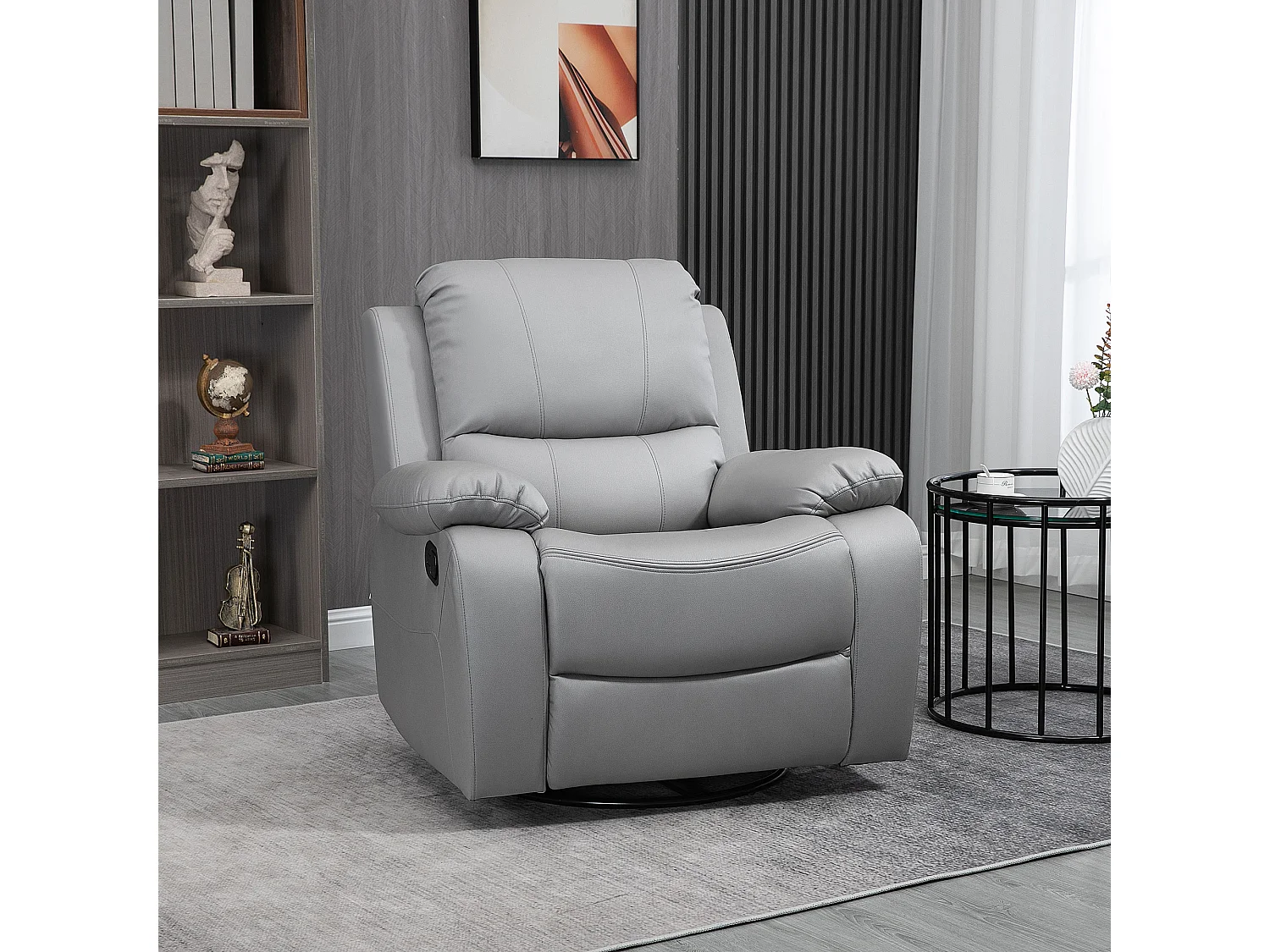 Fauteuil pivotant, inclinable à 135°, avec repose-pieds, en polyester, gris (93x100x98 cm)