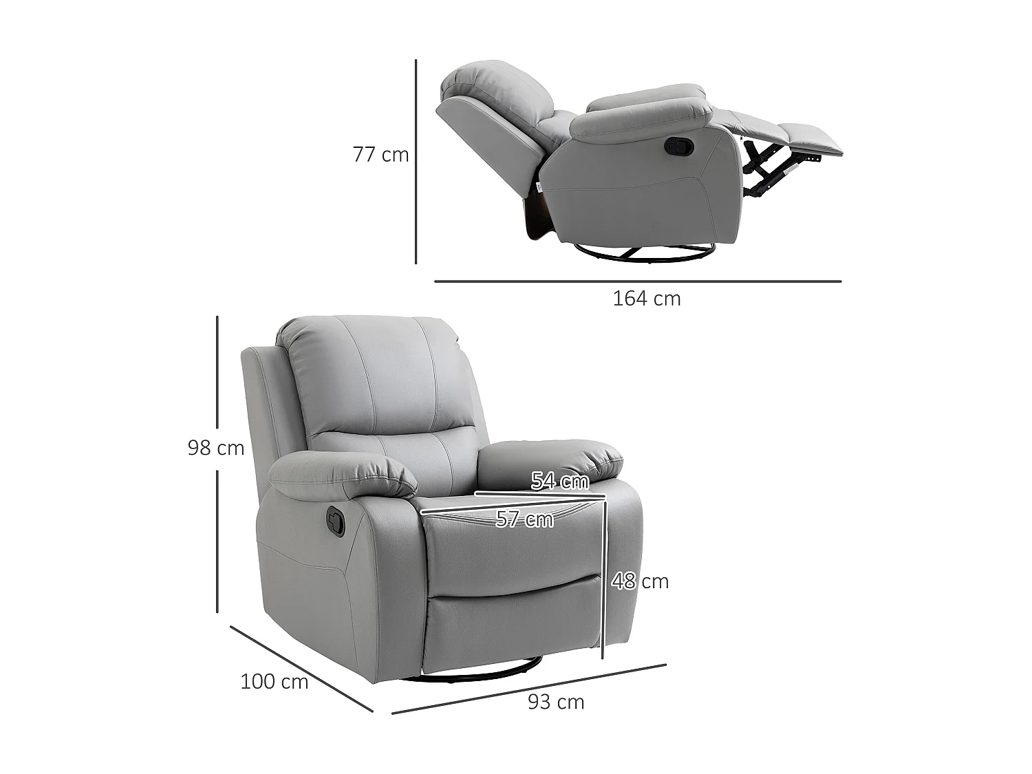 Fauteuil pivotant, inclinable à 135°, avec repose-pieds, en polyester, gris (93x100x98 cm)