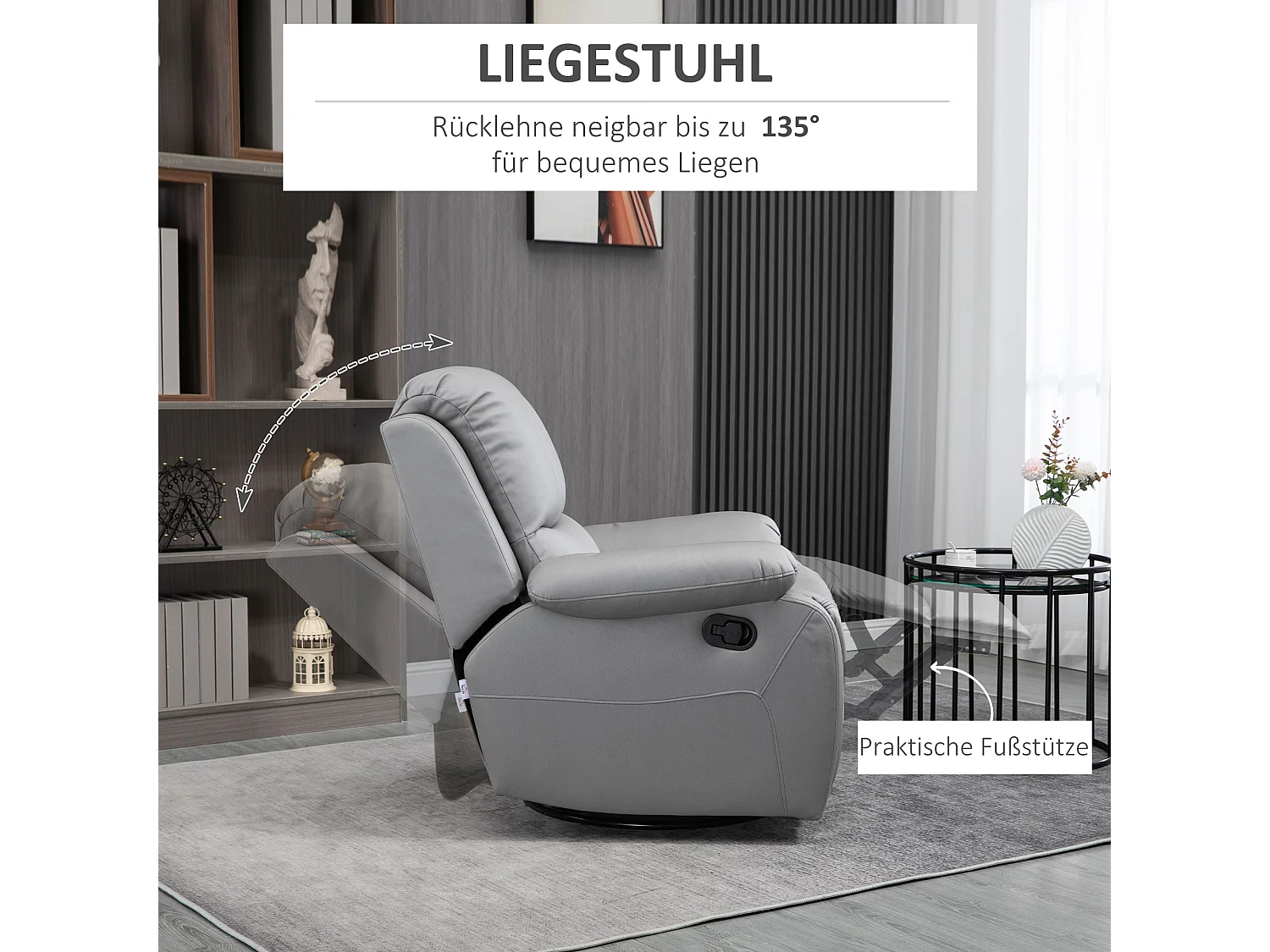 Fauteuil pivotant, inclinable à 135°, avec repose-pieds, en polyester, gris (93x100x98 cm)