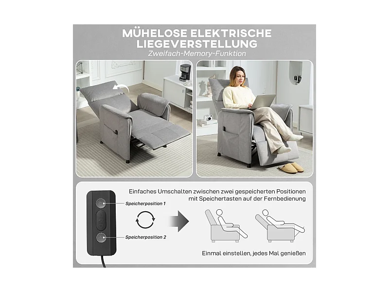 Fauteuil électrique, fonction mémoire, tissu imitation velours, gris (80x83x104 cm)