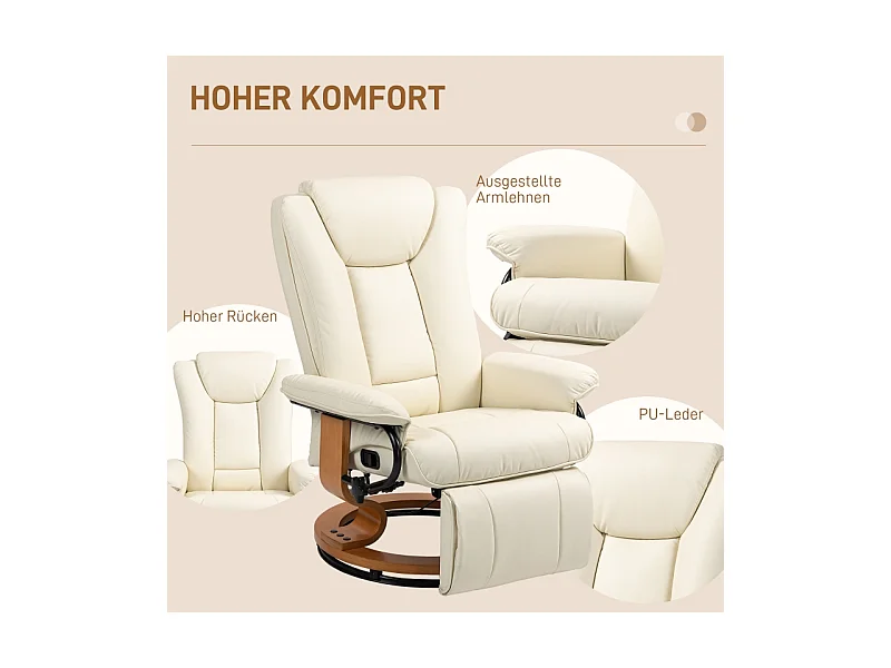 Draaibare relaxfauteuil met relaxfunctie en voetenbank, kunstleer, crème (78x88x103cm)