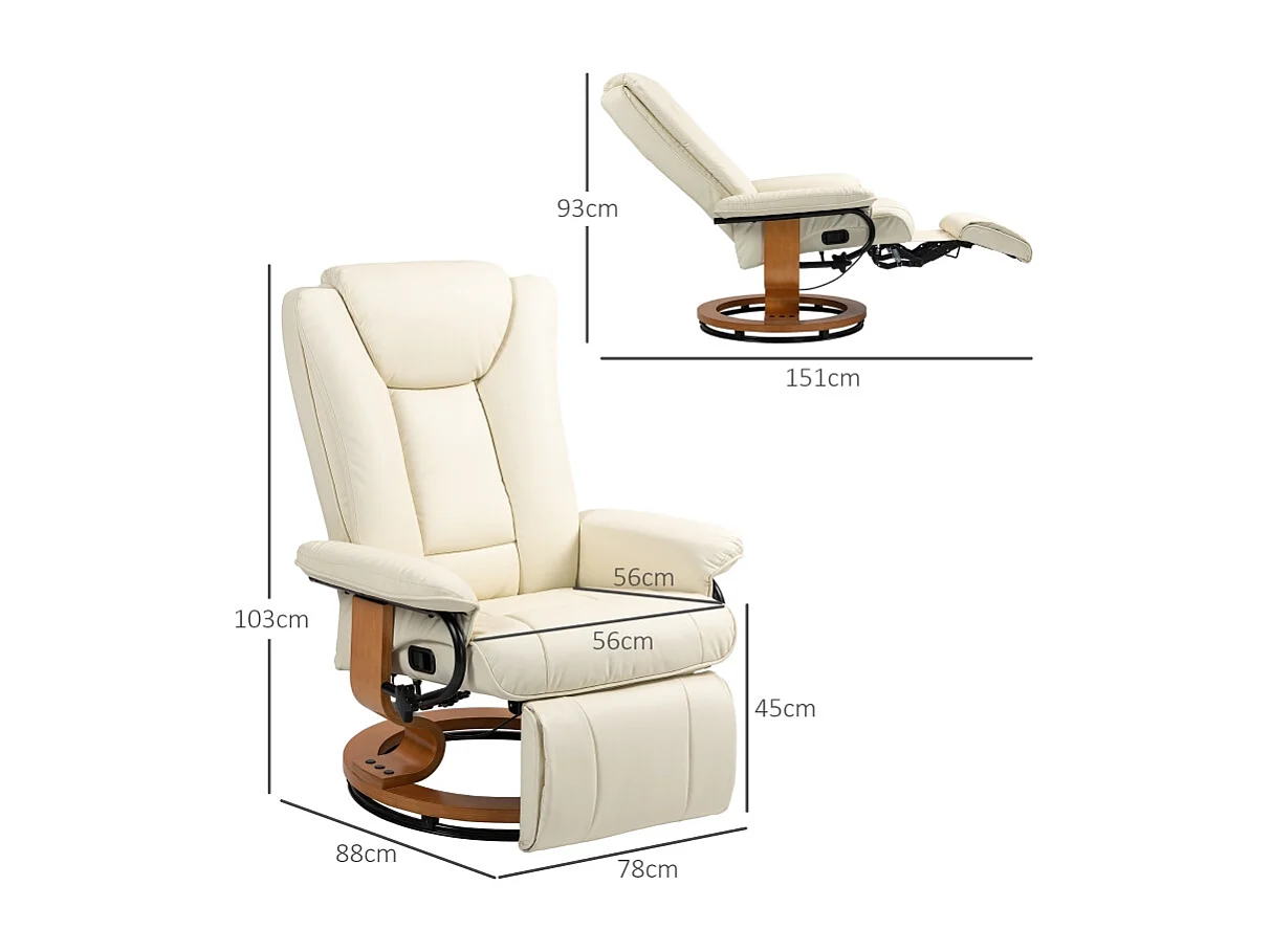 Fauteuil pivotant avec fonction inclinable et repose-pieds, similicuir, crème (78x88x103cm)