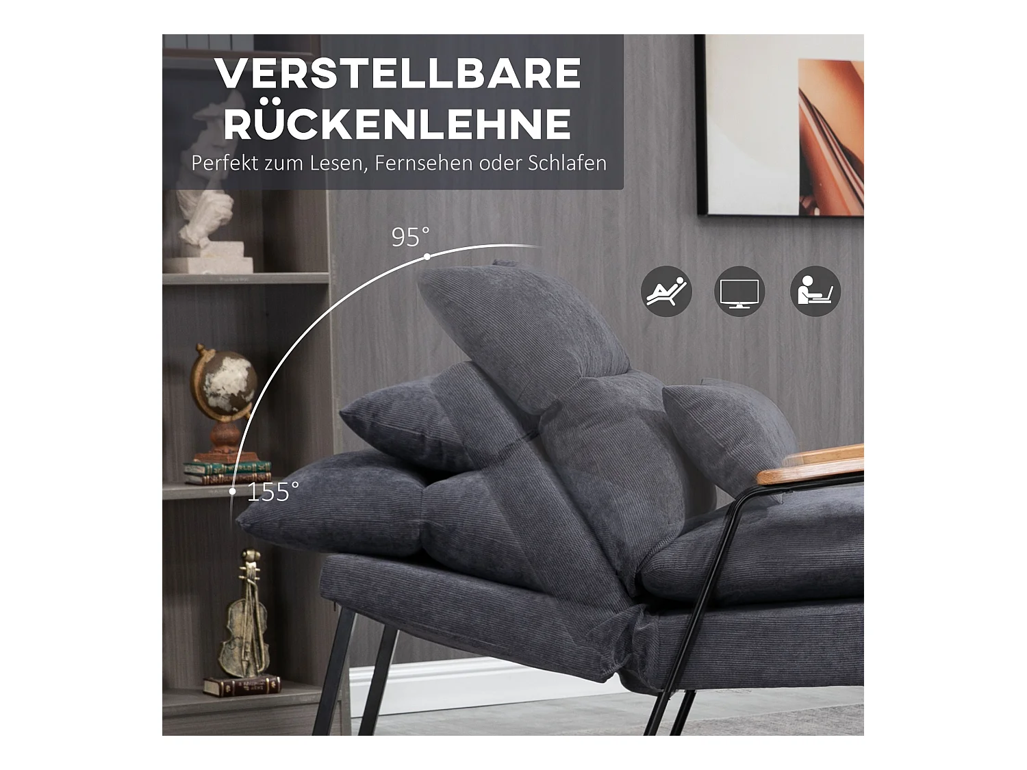 Fauteuil avec repose-pieds, dossier inclinable, tissu gris (68x91.5x88 cm)