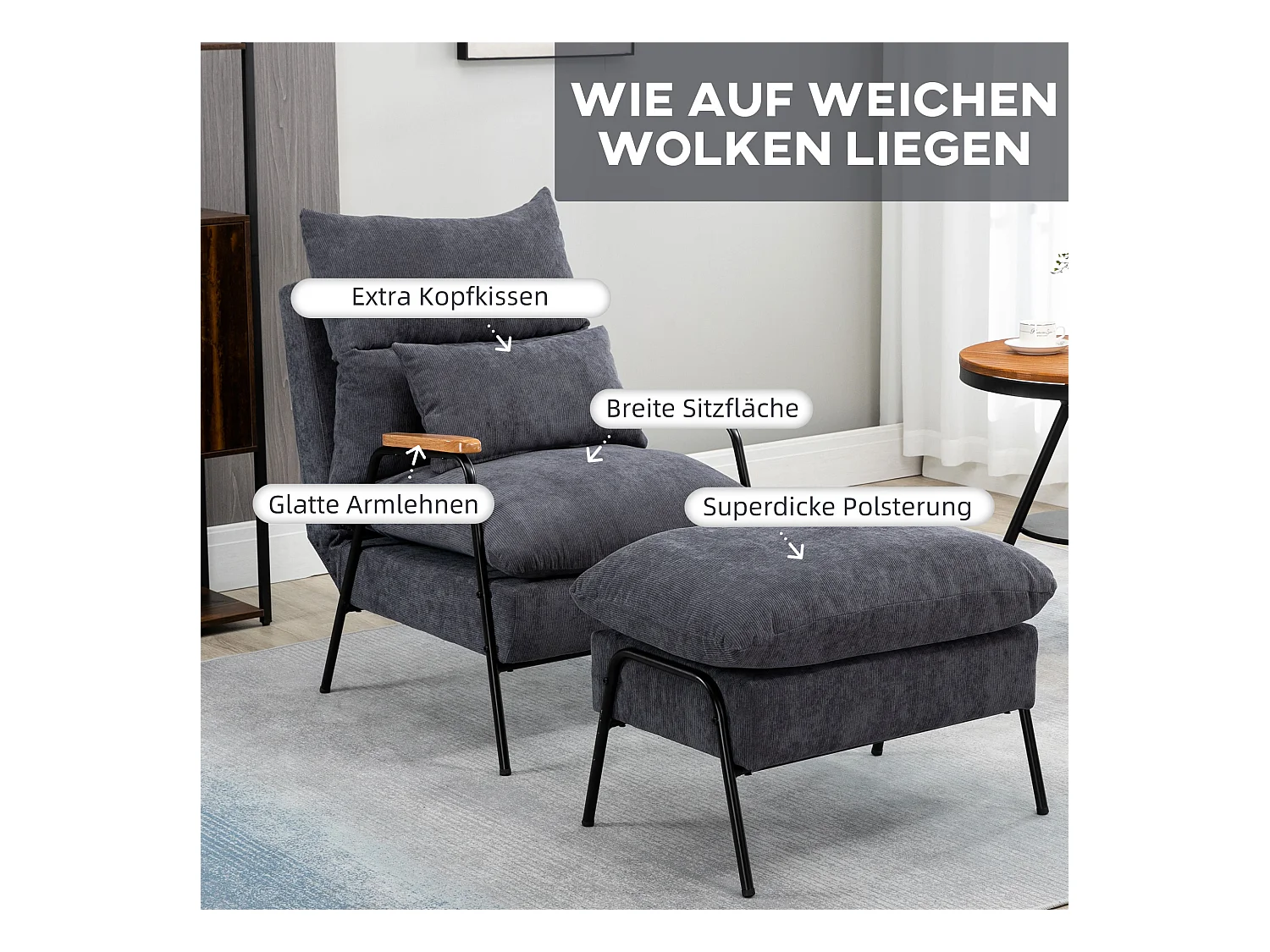 Fauteuil avec repose-pieds, dossier inclinable, tissu gris (68x91.5x88 cm)