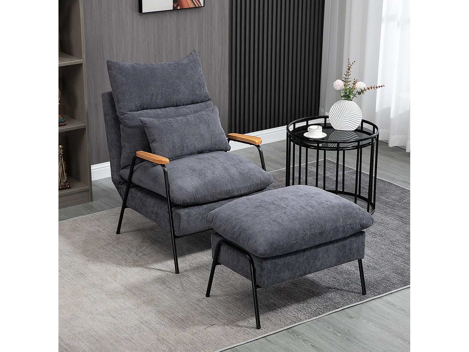 Fauteuil avec repose-pieds, dossier inclinable, tissu gris (68x91.5x88 cm)