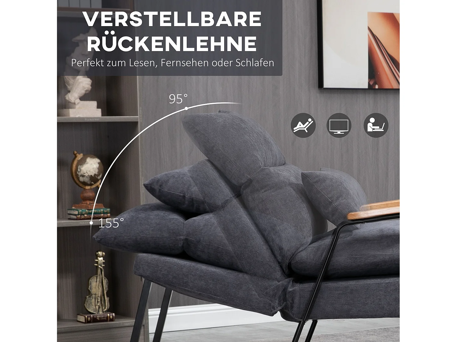 Fauteuil avec repose-pieds, dossier inclinable, tissu gris (68x91.5x88 cm)