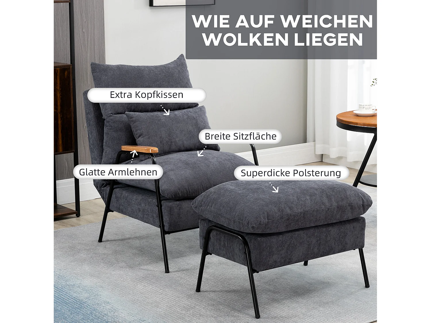 Fauteuil avec repose-pieds, dossier inclinable, tissu gris (68x91.5x88 cm)