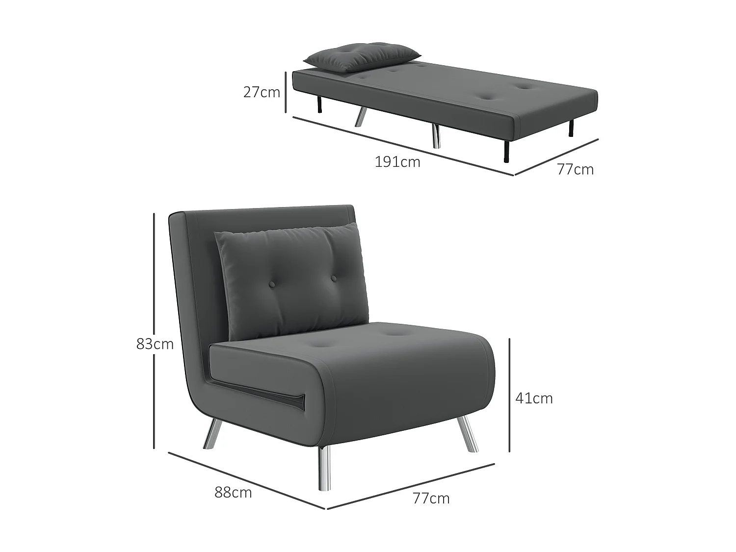 Fauteuil convertible avec fonction lit, revêtement polyester, acier, gris foncé (77x88x83cm)