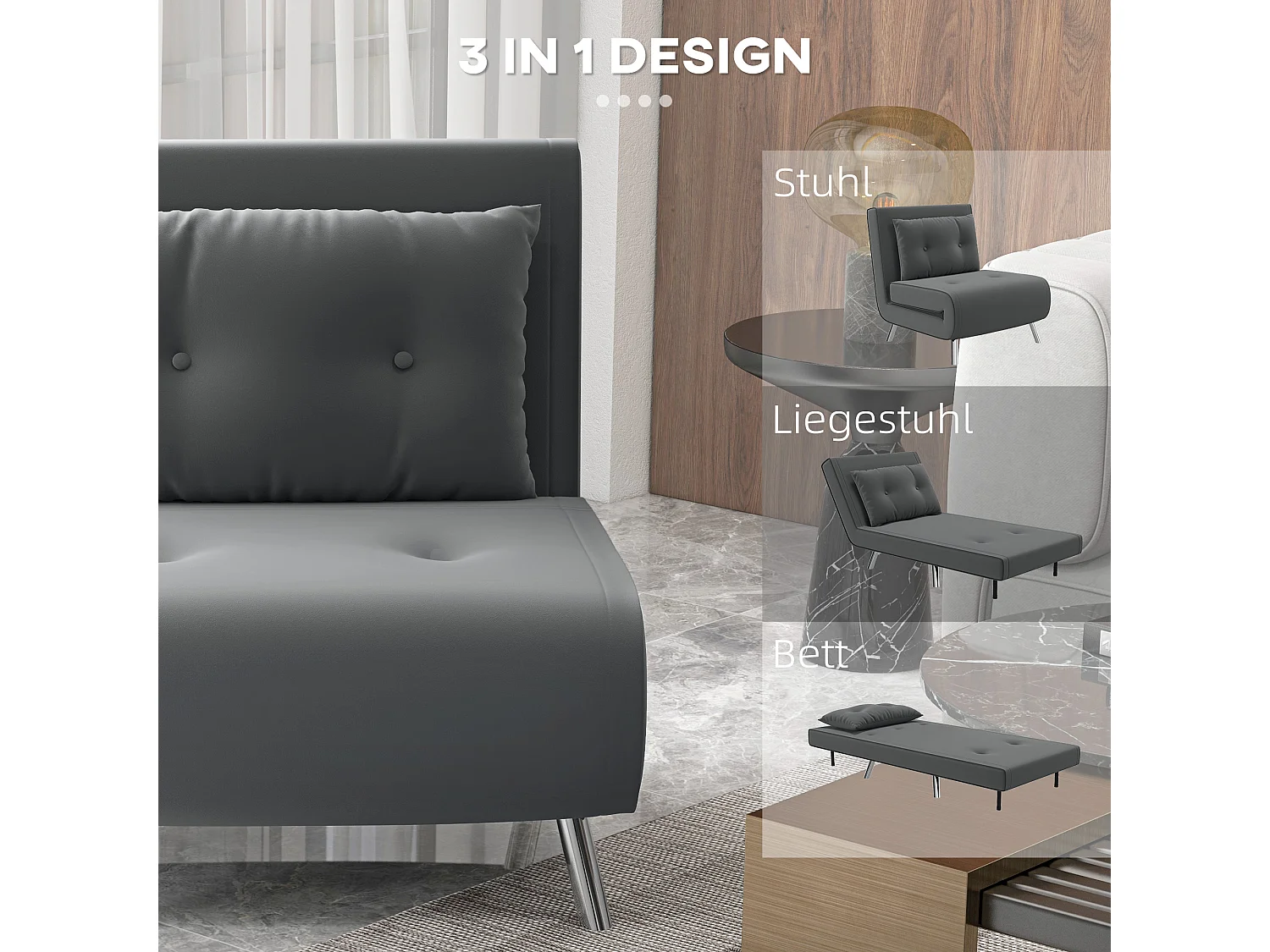 Fauteuil convertible avec fonction lit, revêtement polyester, acier, gris foncé (77x88x83cm)