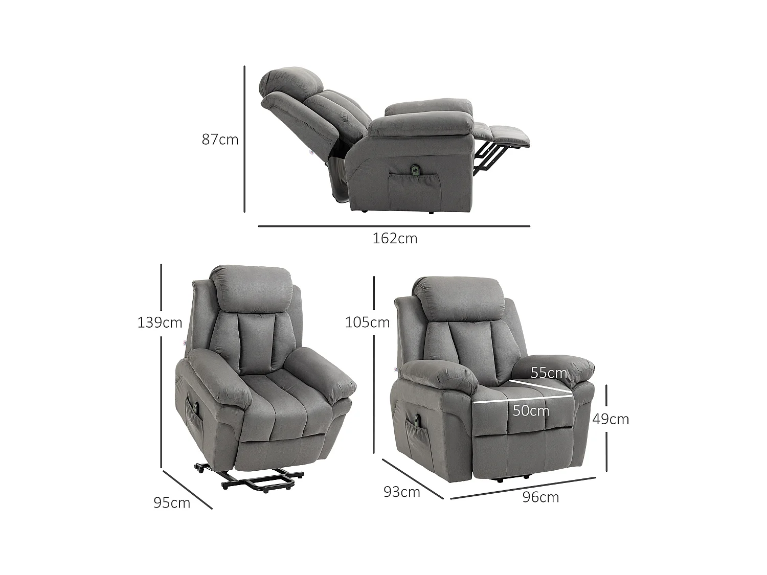 Fauteuil électrique avec aide à la relève, simili cuir, gris clair, inclinable (93x96x105cm)