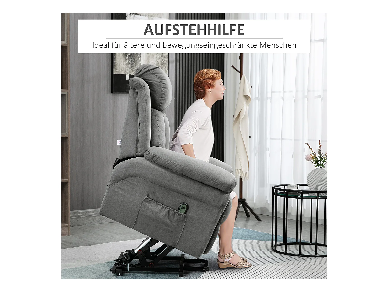 Fauteuil électrique avec aide à la relève, simili cuir, gris clair, inclinable (93x96x105cm)