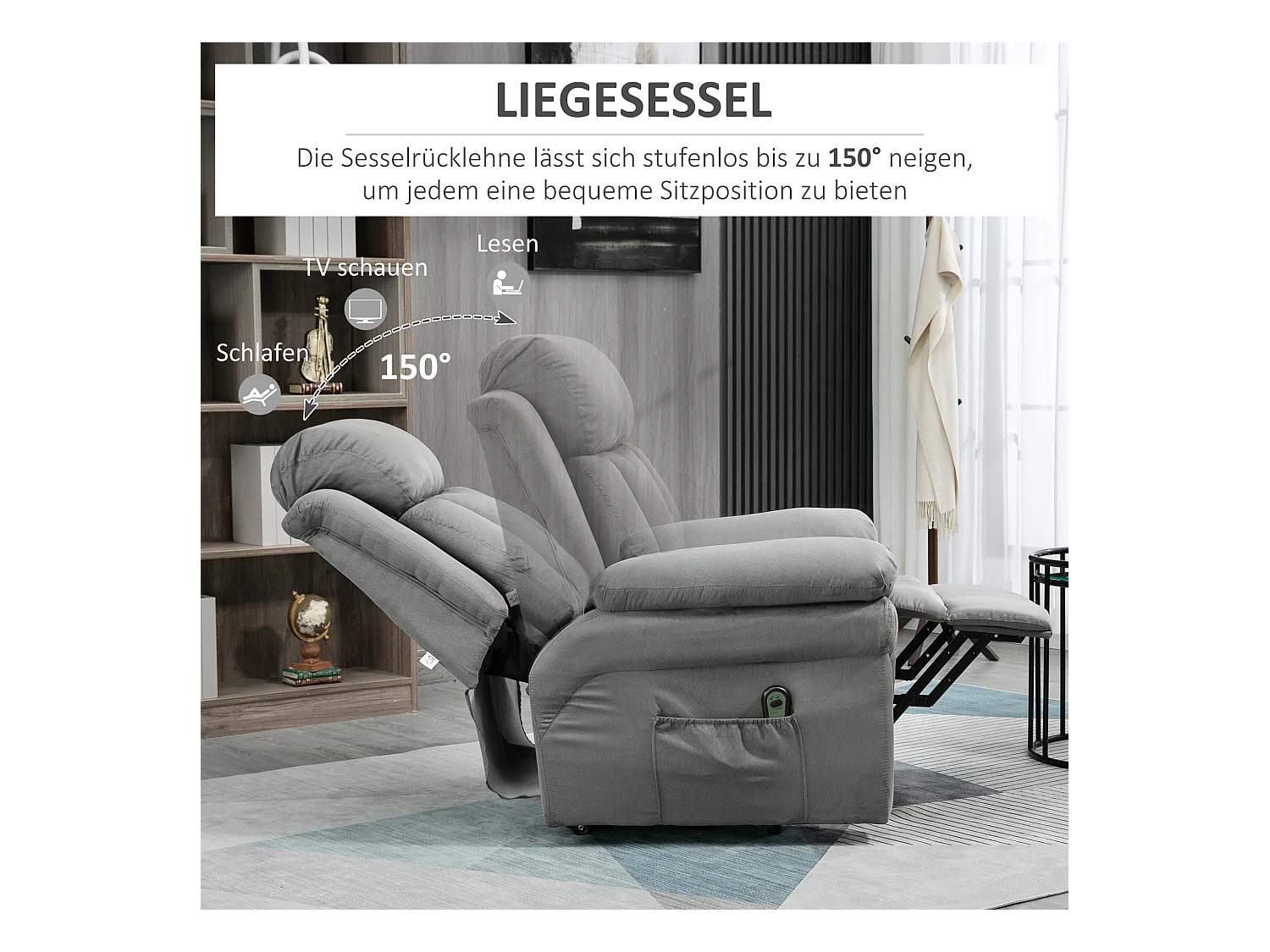 Fauteuil électrique avec aide à la relève, simili cuir, gris clair, inclinable (93x96x105cm)