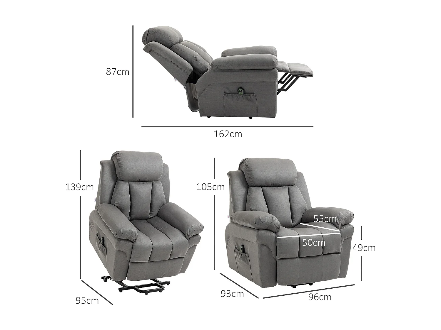 Sillón eléctrico reclinable con elevación, piel sintética, gris claro, reclinable (93 x 96 x 105 cm)