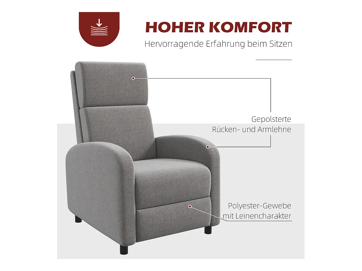 Fauteuil inclinable, tissu lin, gris, avec repose-pieds (64x86x102 cm)