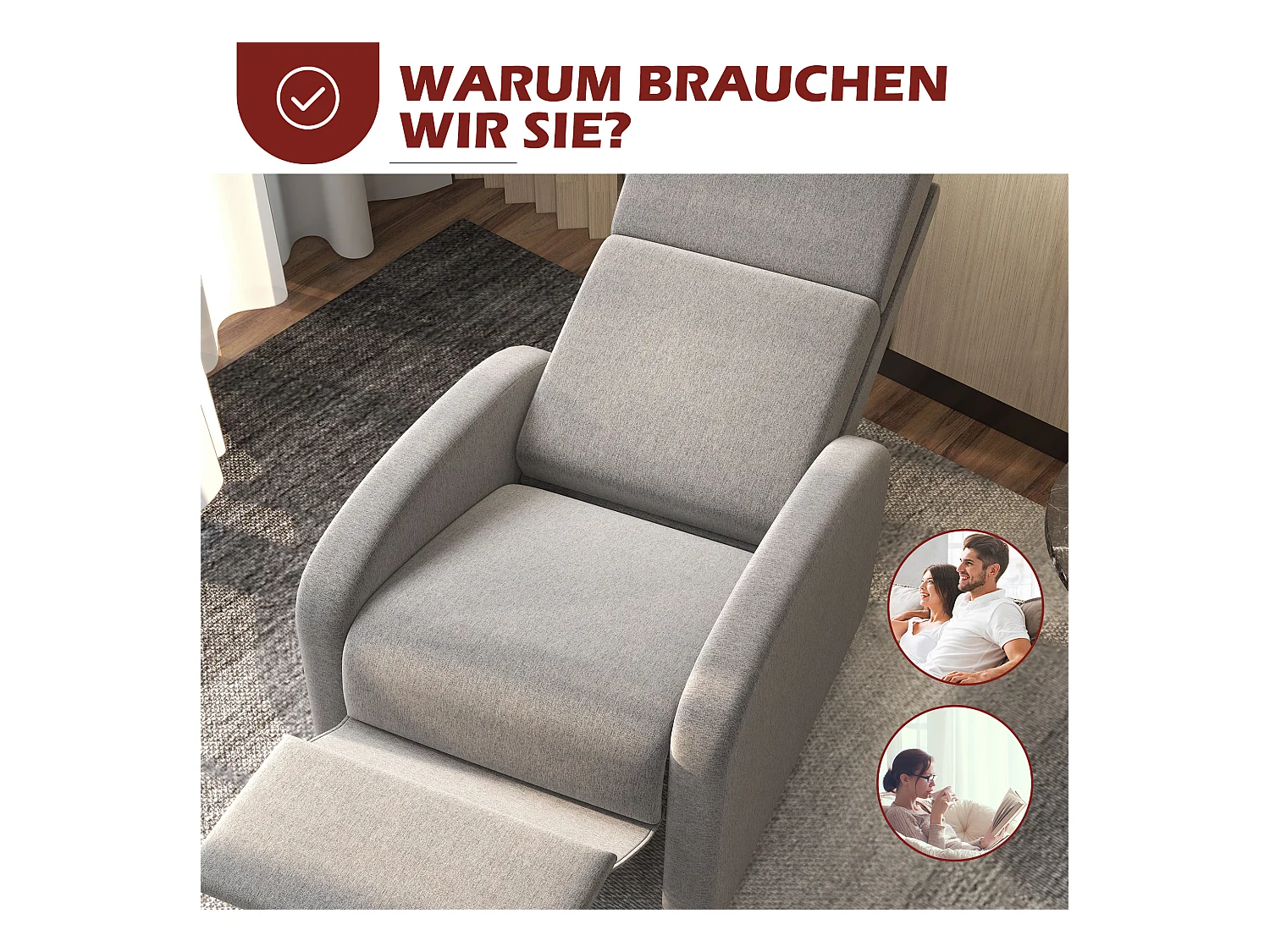 Fauteuil inclinable, tissu lin, gris, avec repose-pieds (64x86x102 cm)