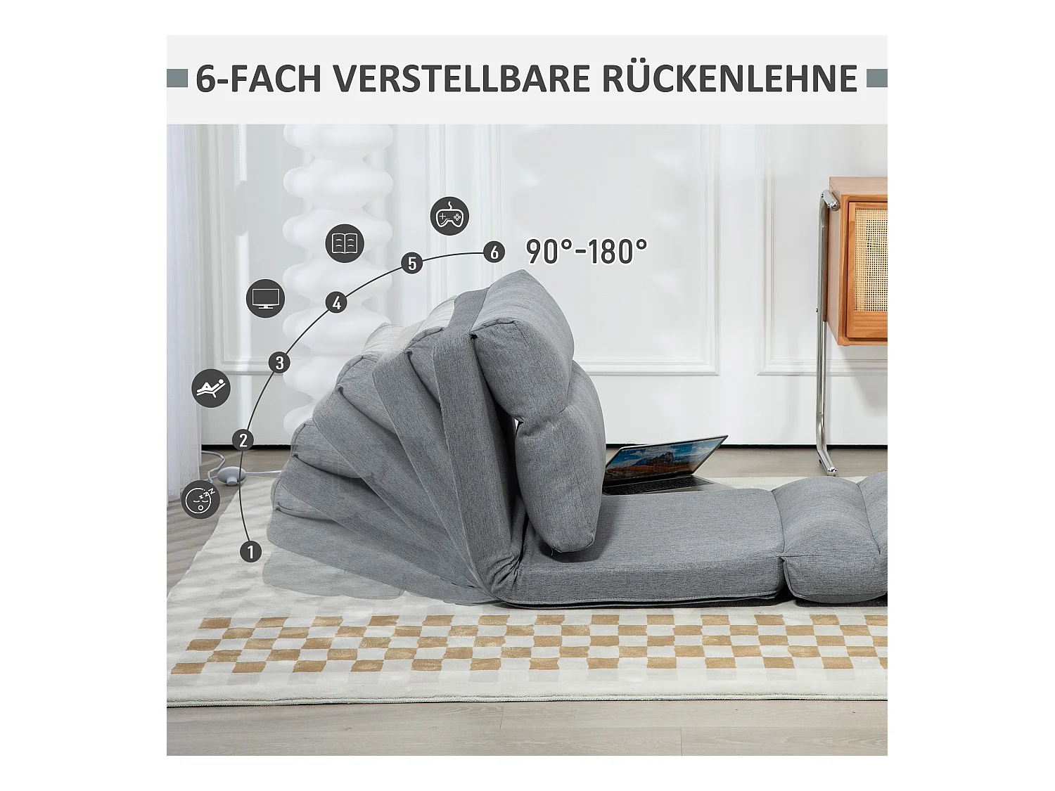 Opvouwbare vloerstoel, met 6-voudig verstelbare rugleuning, gewatteerd, bedfunctie, grijze linnen stof (70x41x56 cm)