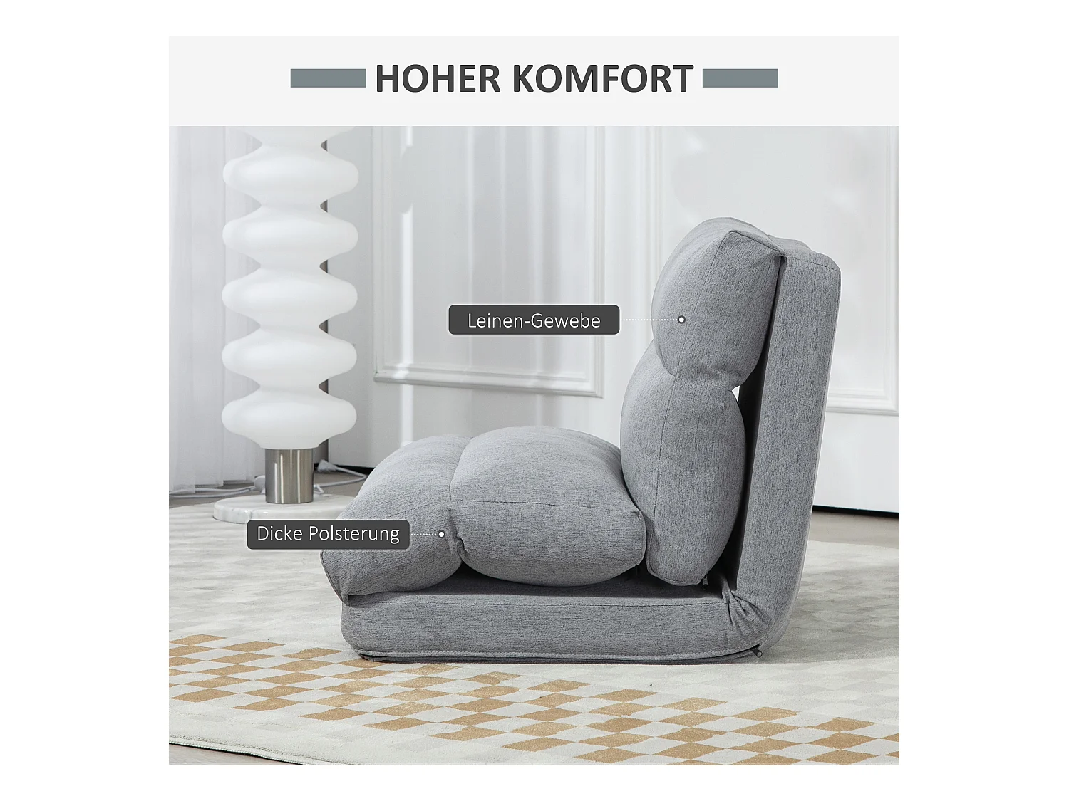 Opvouwbare vloerstoel, met 6-voudig verstelbare rugleuning, gewatteerd, bedfunctie, grijze linnen stof (70x41x56 cm)