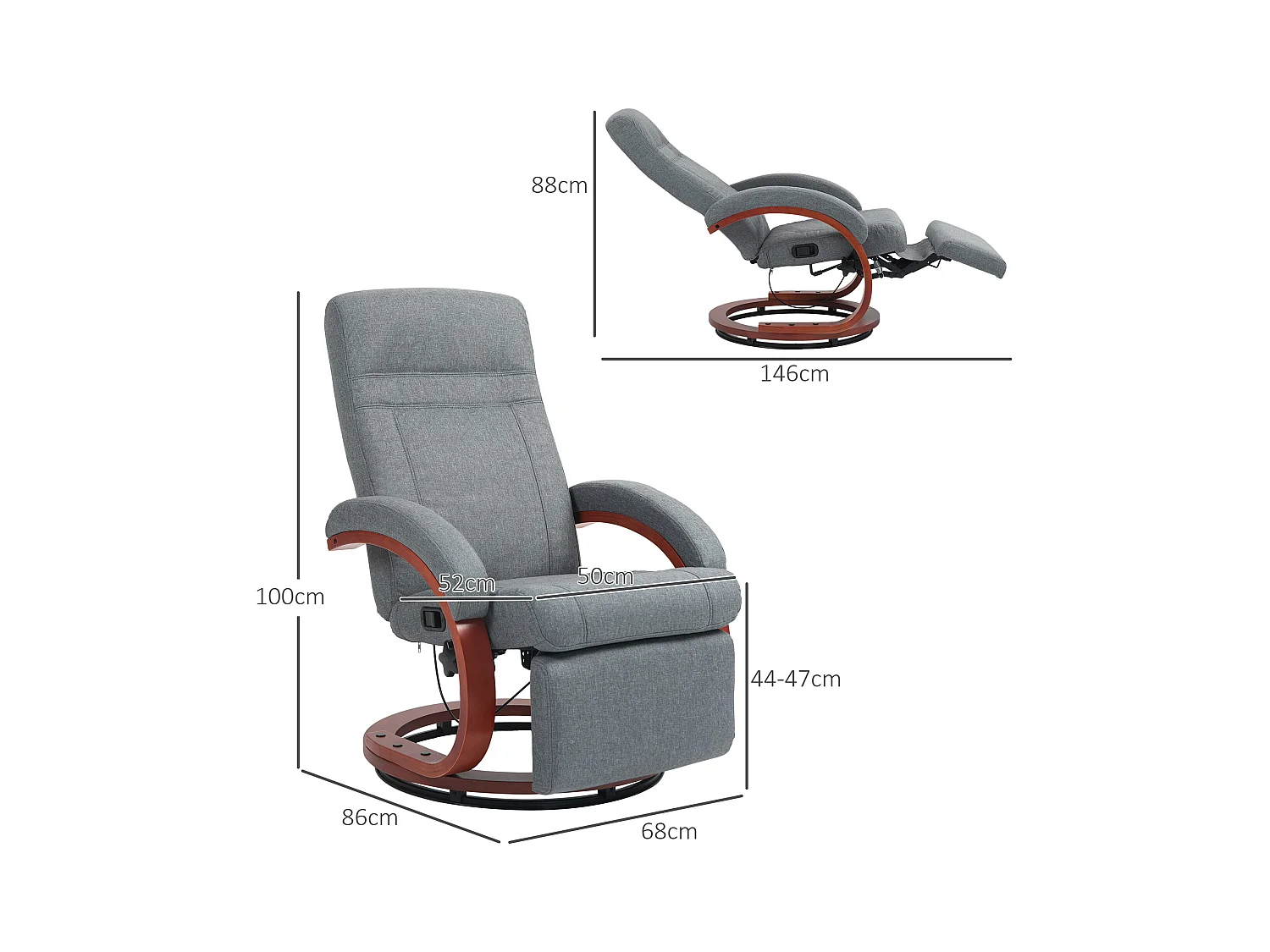 Draaibare relaxfauteuil met relaxfunctie, houten armleuningen, grijze linnen stof (86x68x100cm)